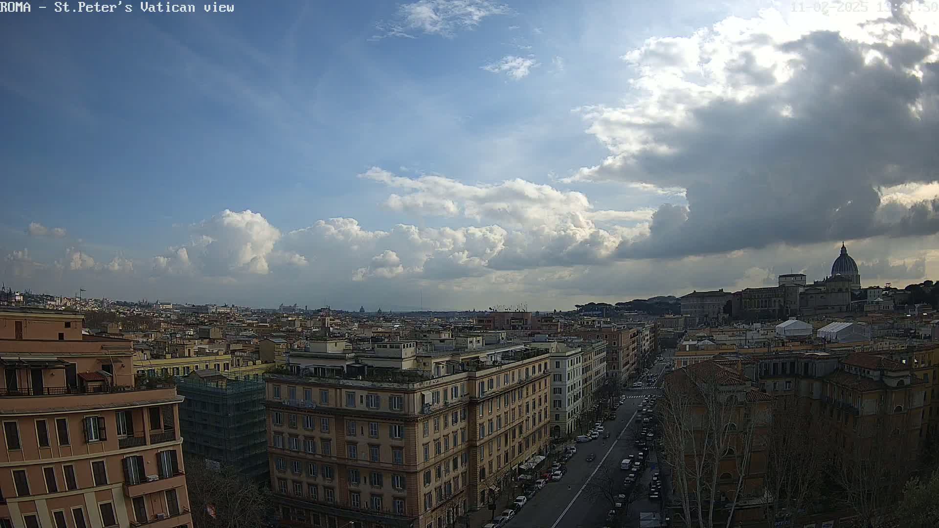 A partly cloudy sky overlooks a cityscape featuring multiple buildings, a street with parked cars, and the dome of St. Peter's Basilica in the distance.