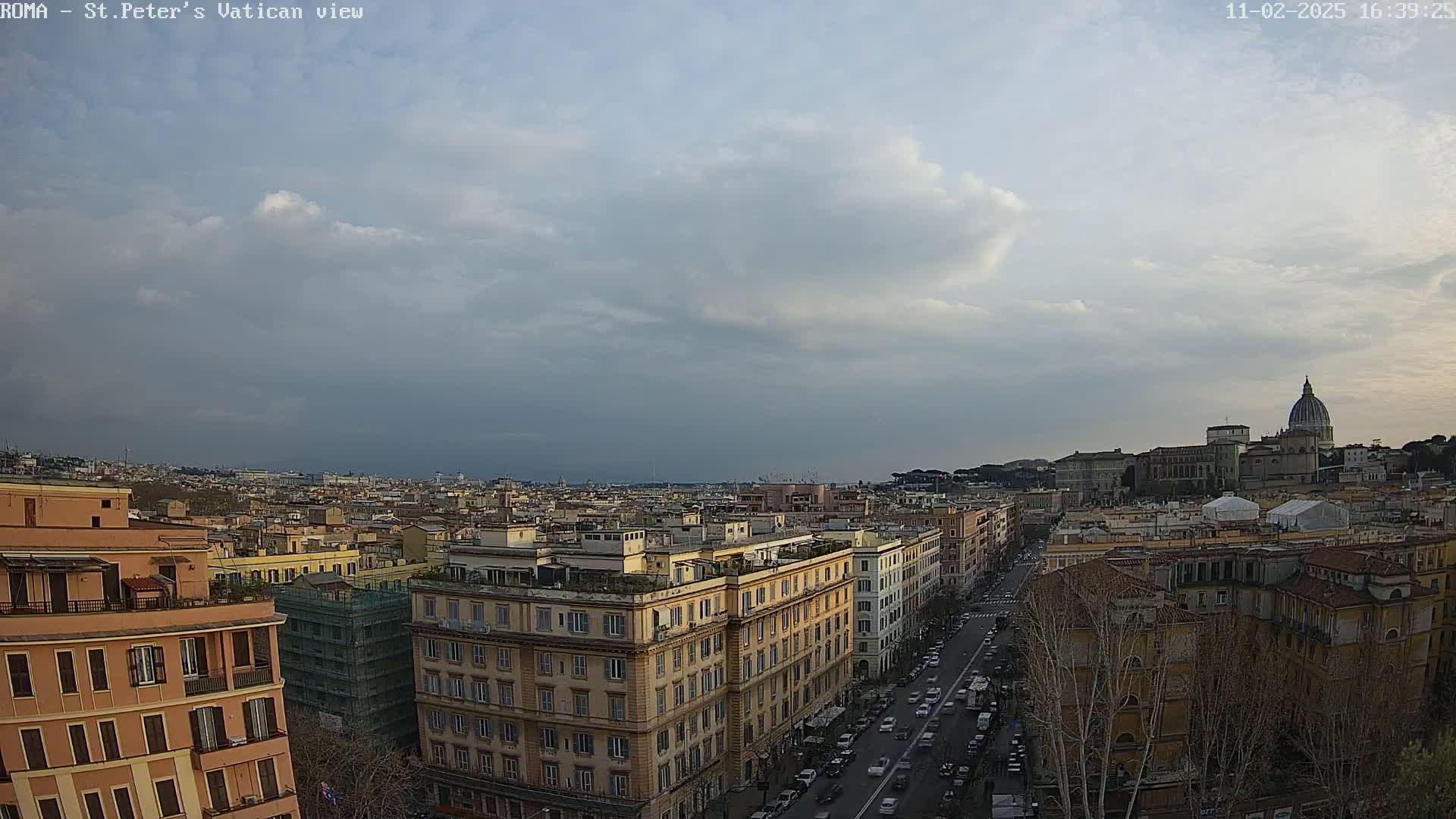 A high-angle view of a city under a mostly cloudy sky shows St. Peter's Basilica in the distance, with a street and buildings in the foreground.