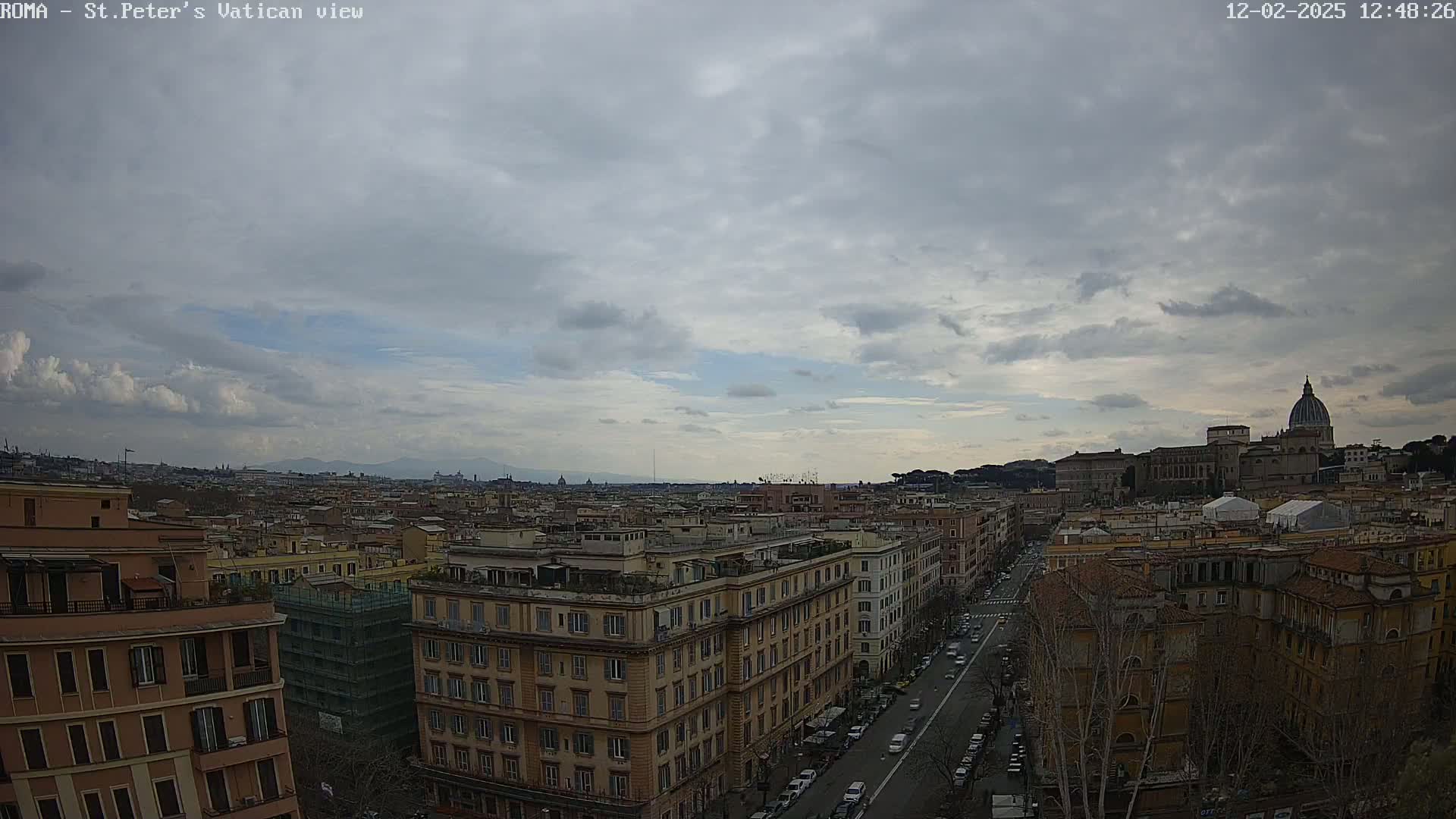 A wide, high-angle view of Rome, Italy on an overcast day, shows a cityscape stretching to distant hills, with St. Peter's Basilica visible in the background.