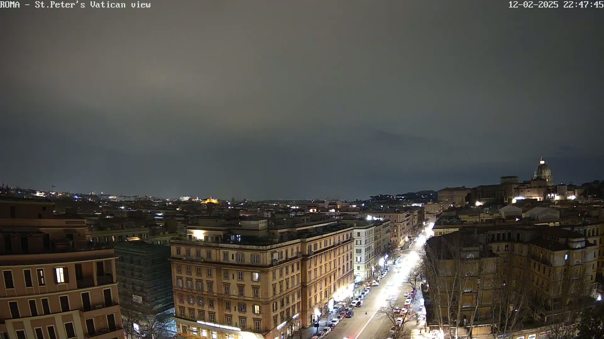 A nighttime, high-angle view of a city street illuminated by streetlights, with buildings extending into the distance under a dark, overcast sky.