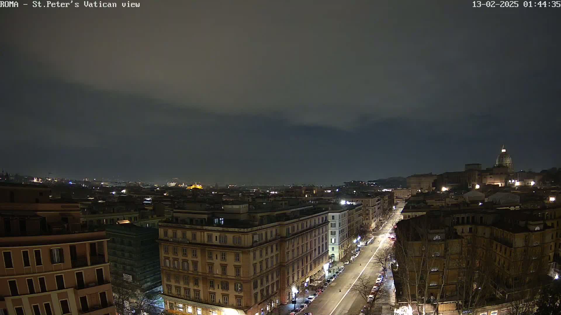 A nighttime, overcast view of Rome, Italy, showing a cityscape with buildings and a street lined with cars, culminating in a distant dome-topped structure.