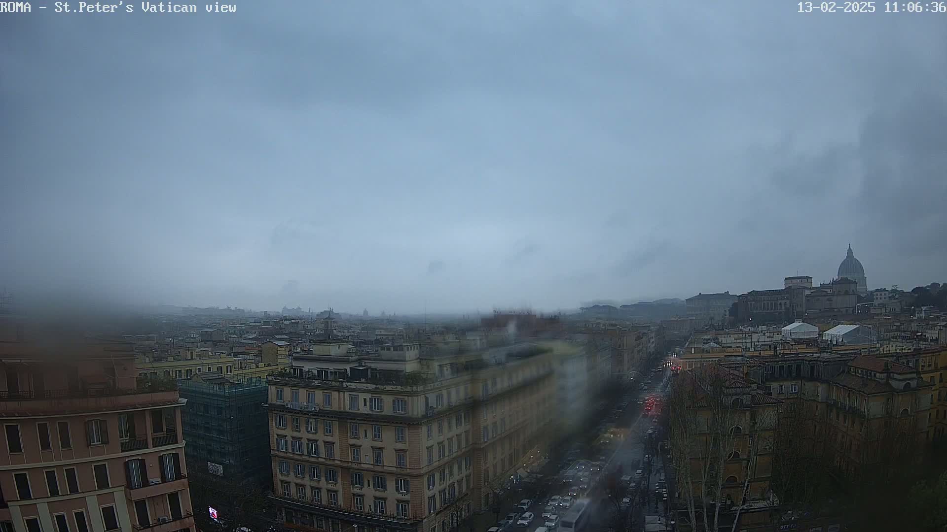 A rainy, overcast view of Rome, showing city buildings and the dome of St. Peter's Basilica in the distance.