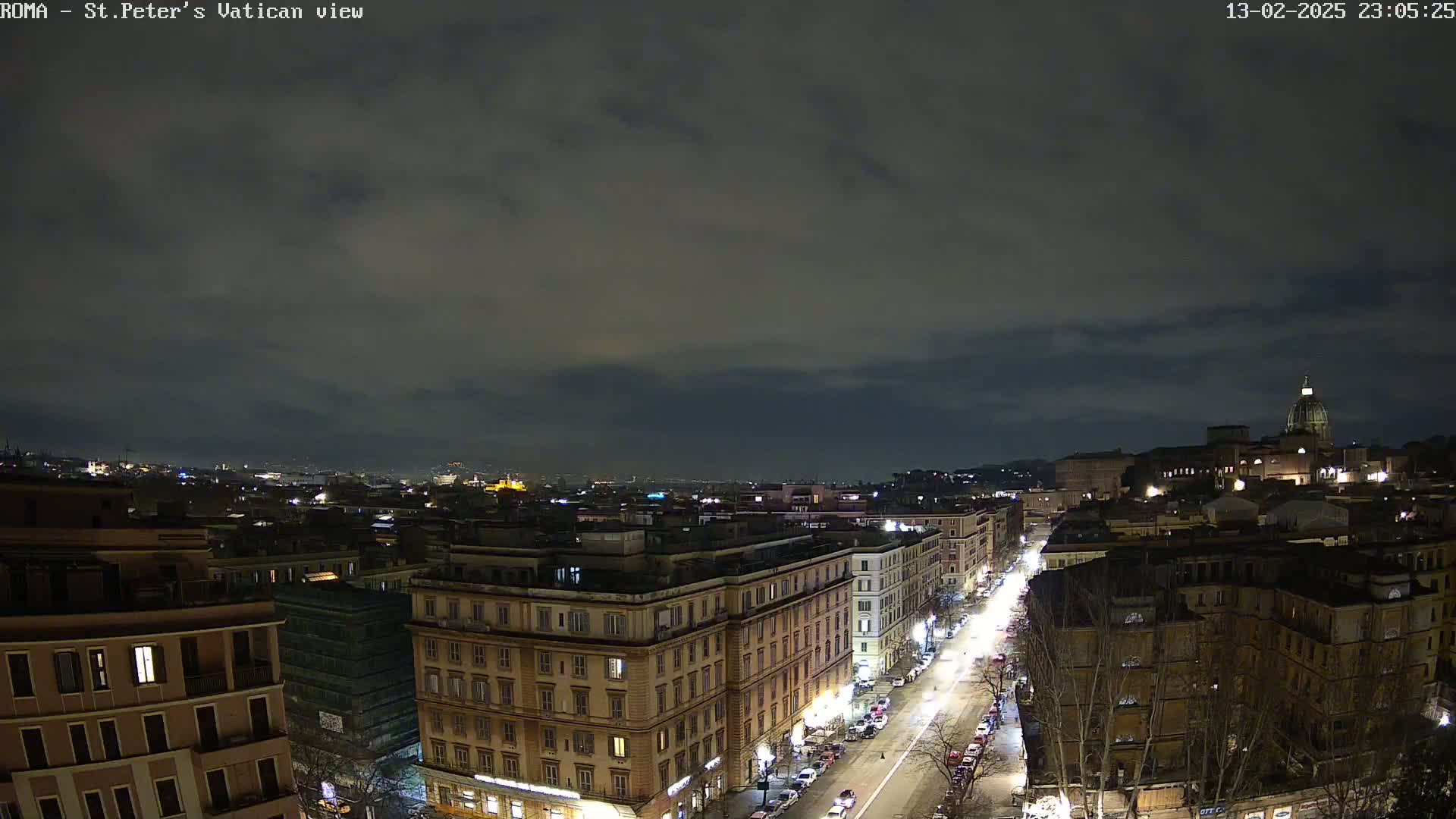 A nighttime view of a city street lined with buildings, extending towards a distant dome-topped structure under a cloudy sky.