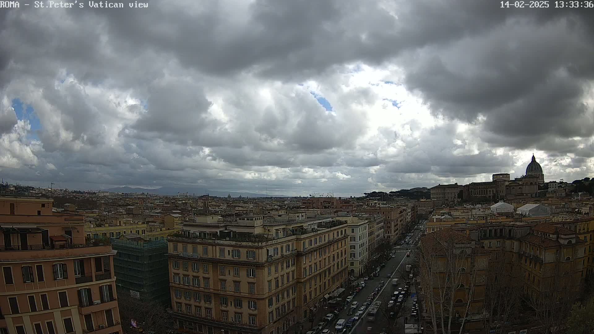 A cloudy cityscape view shows a wide expanse of buildings, a street with traffic, and St. Peter's Basilica in the distance.