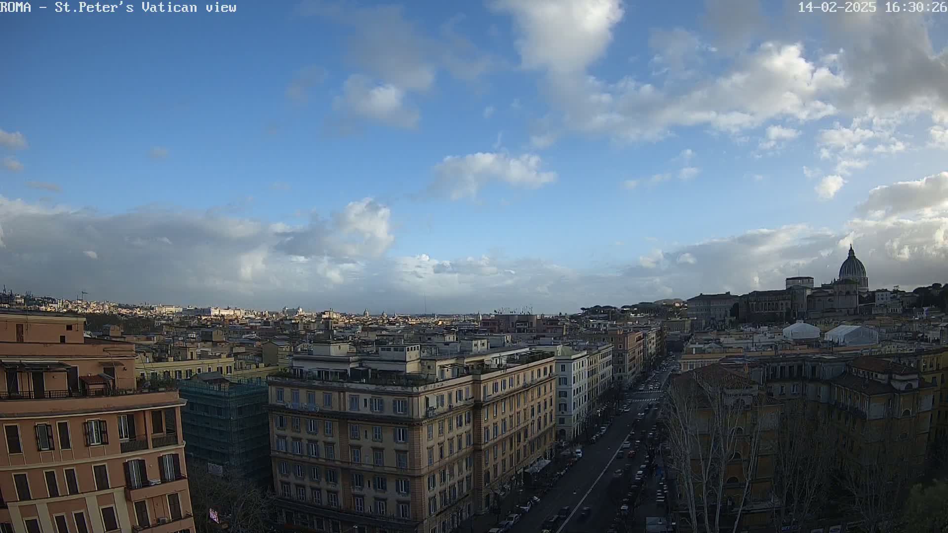 A partly cloudy sky overlooks a cityscape with the dome of St. Peter's Basilica in the distance.