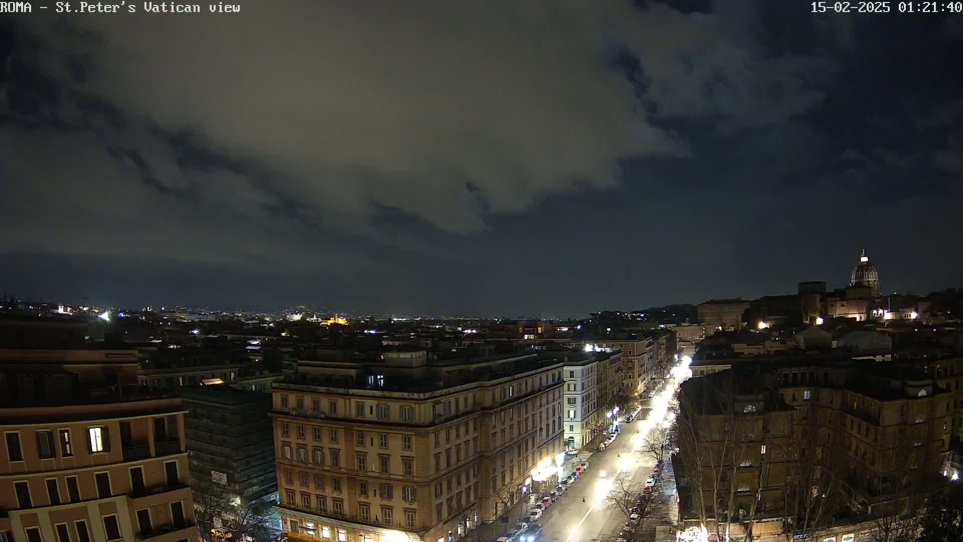 A nighttime view of a city, possibly Rome, with overcast skies and illuminated buildings along a street leading towards a dome-topped structure in the distance.