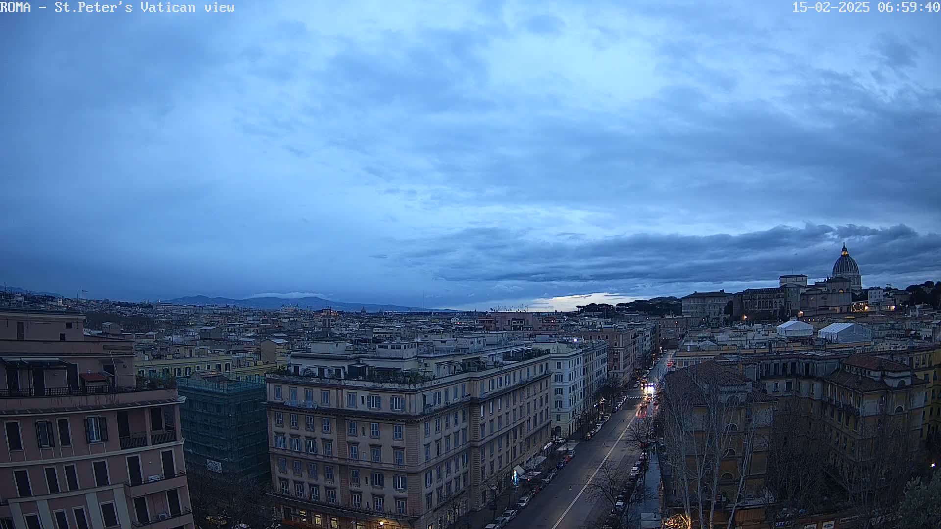 A cityscape under a mostly cloudy, blue-tinged sky shows a street lined with buildings, culminating in the dome of St. Peter's Basilica in the distance.