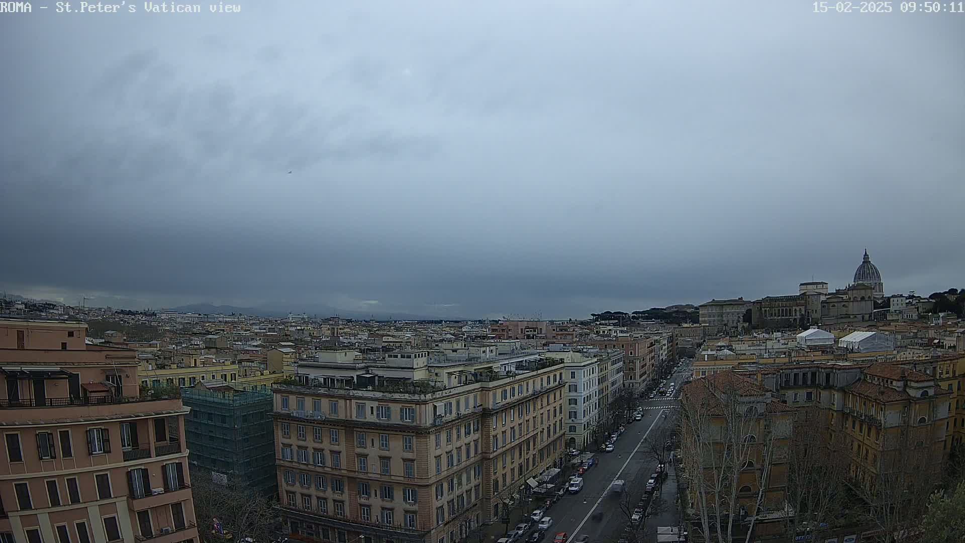 A wide, high-angle view of a city on an overcast day, showing numerous buildings, a street with vehicles, and a distant dome-topped structure.