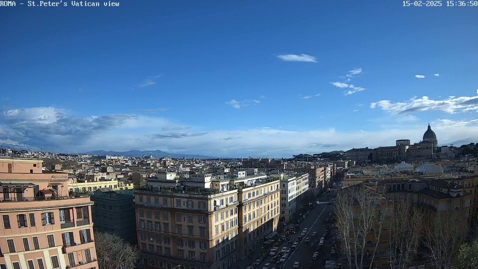 A mostly sunny cityscape view shows a vast expanse of Roman buildings, a prominent dome in the distance, and a partly cloudy blue sky.