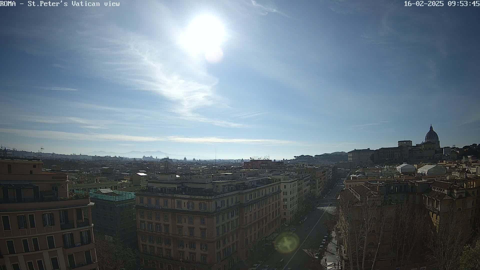 A sunny day reveals a cityscape of multi-story buildings, with St. Peter's Basilica visible in the distance under a mostly clear sky.