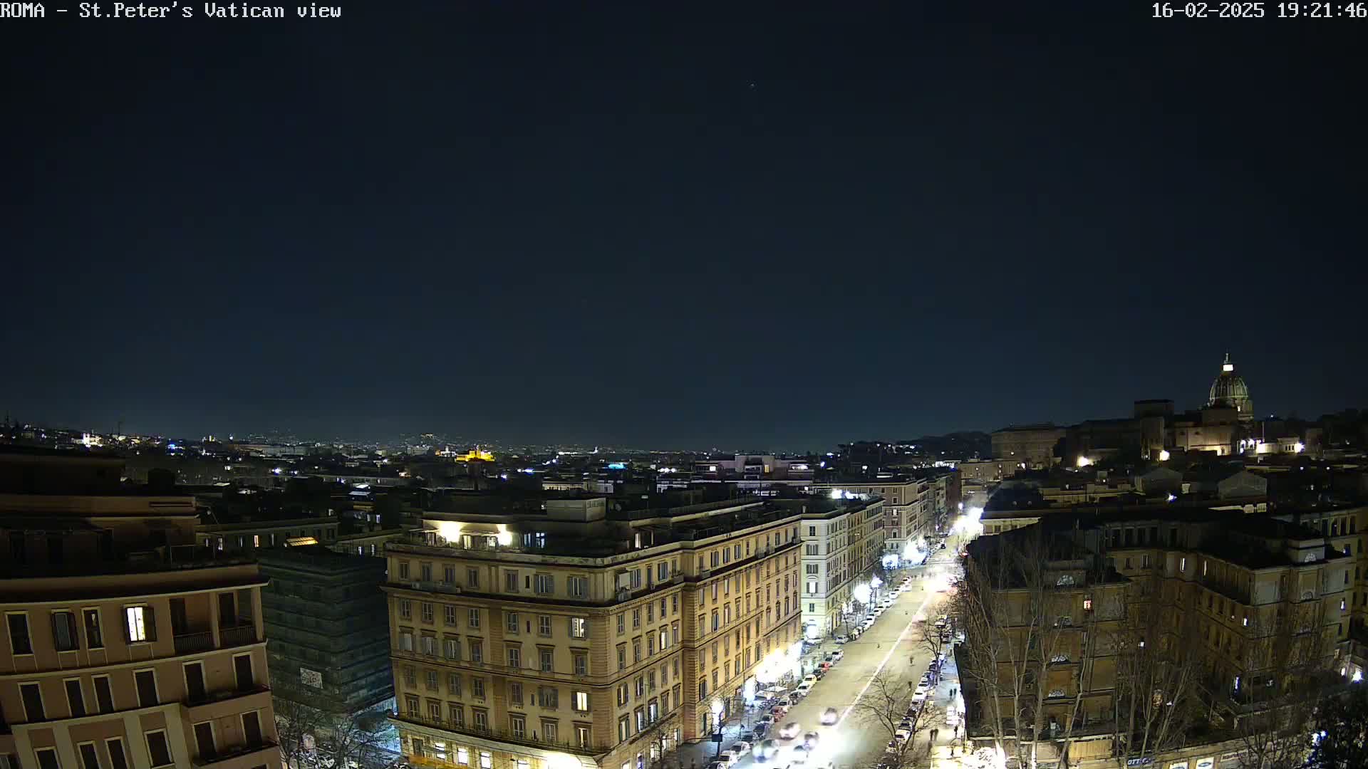 A nighttime aerial view of a city, showing illuminated buildings and streets, with the dome of a large structure visible in the distance under a clear, dark sky.