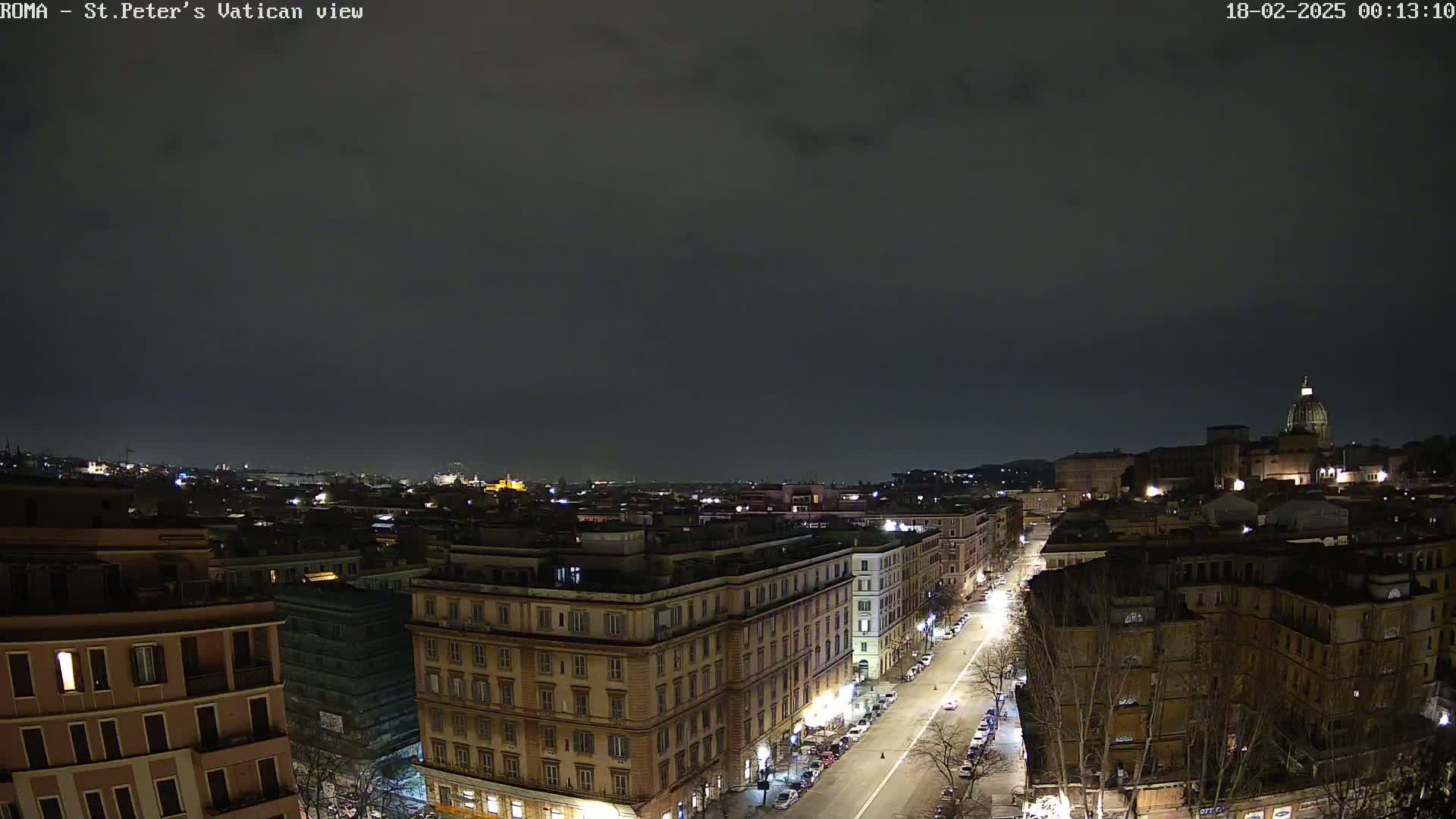 A nighttime, overcast view of a city with illuminated buildings and streets, showing a distant dome-shaped structure.