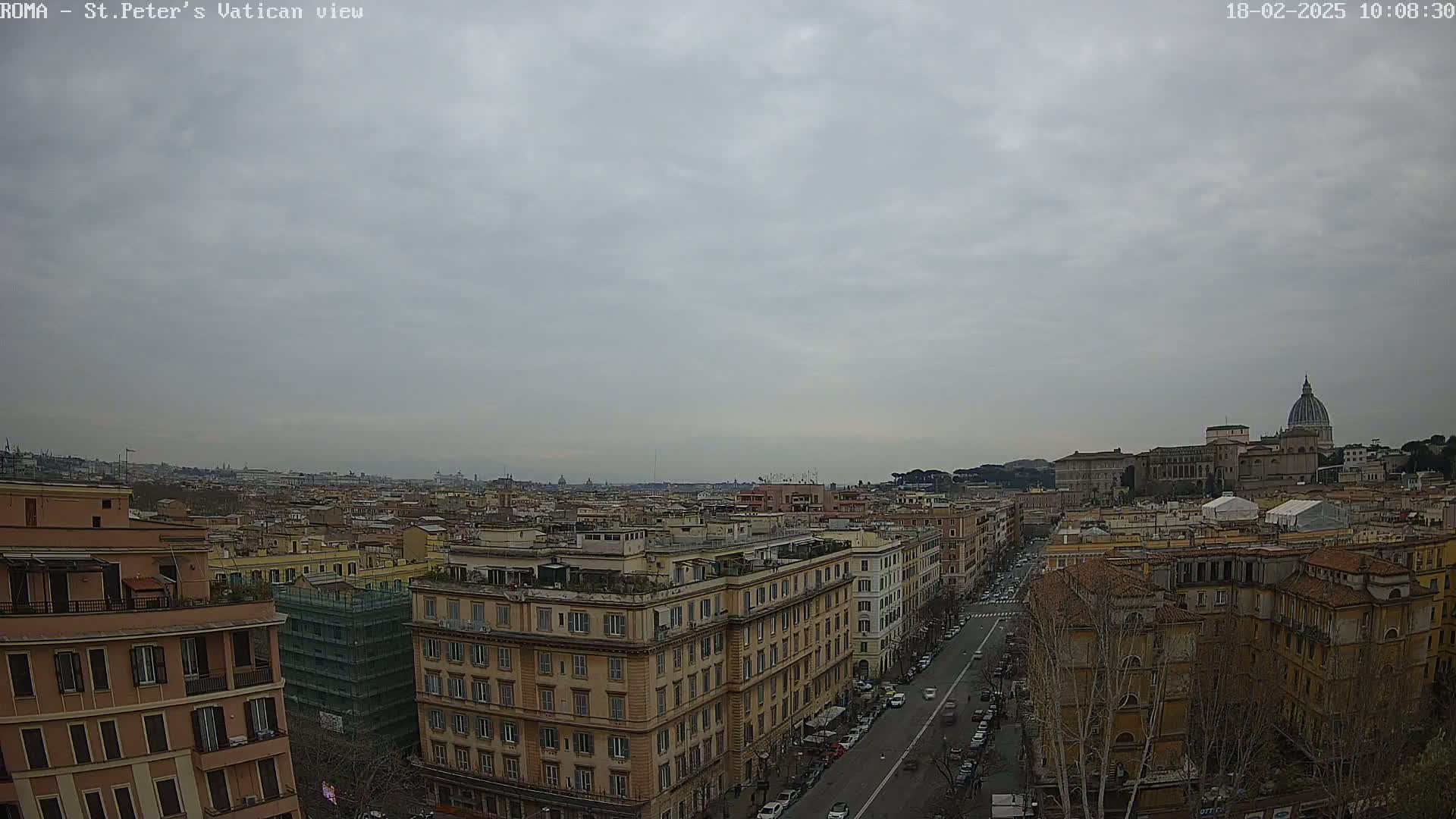 A wide, high-angle view of Rome, Italy on an overcast day, shows numerous buildings, streets with cars, and the dome of St. Peter's Basilica in the distance.