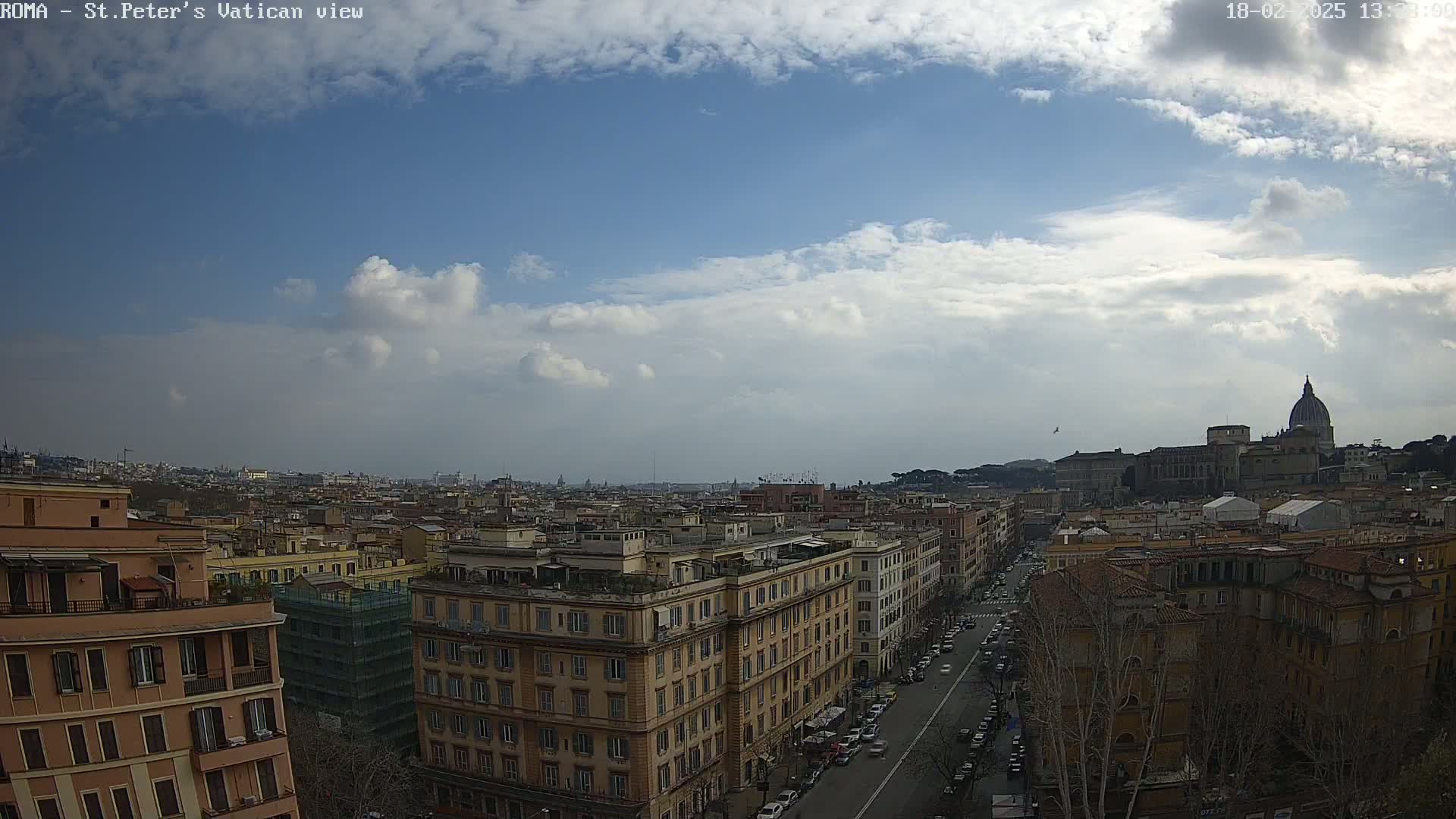 A partly cloudy sky overlooks a cityscape with St. Peter's Basilica visible in the distance.