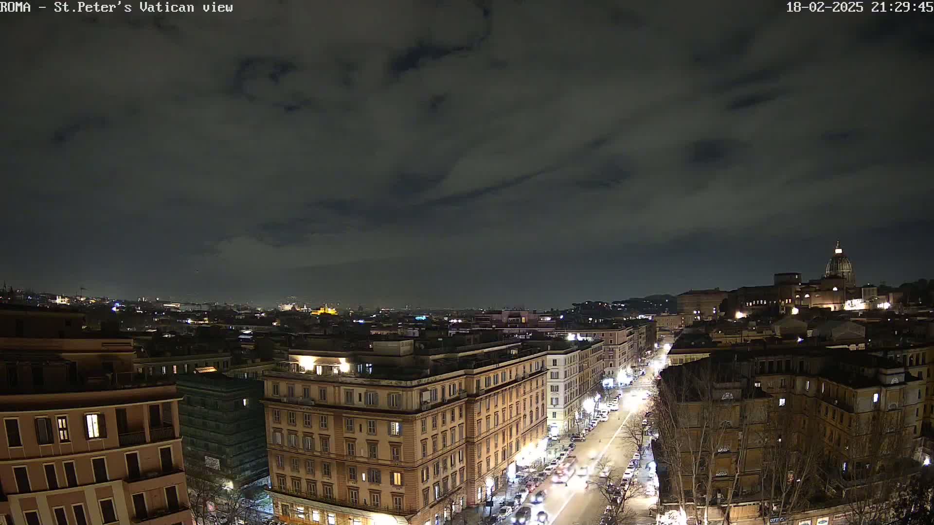 A nighttime, cloudy view of Rome, Italy, showing city streets, buildings, and the dome of St. Peter's Basilica in the distance.