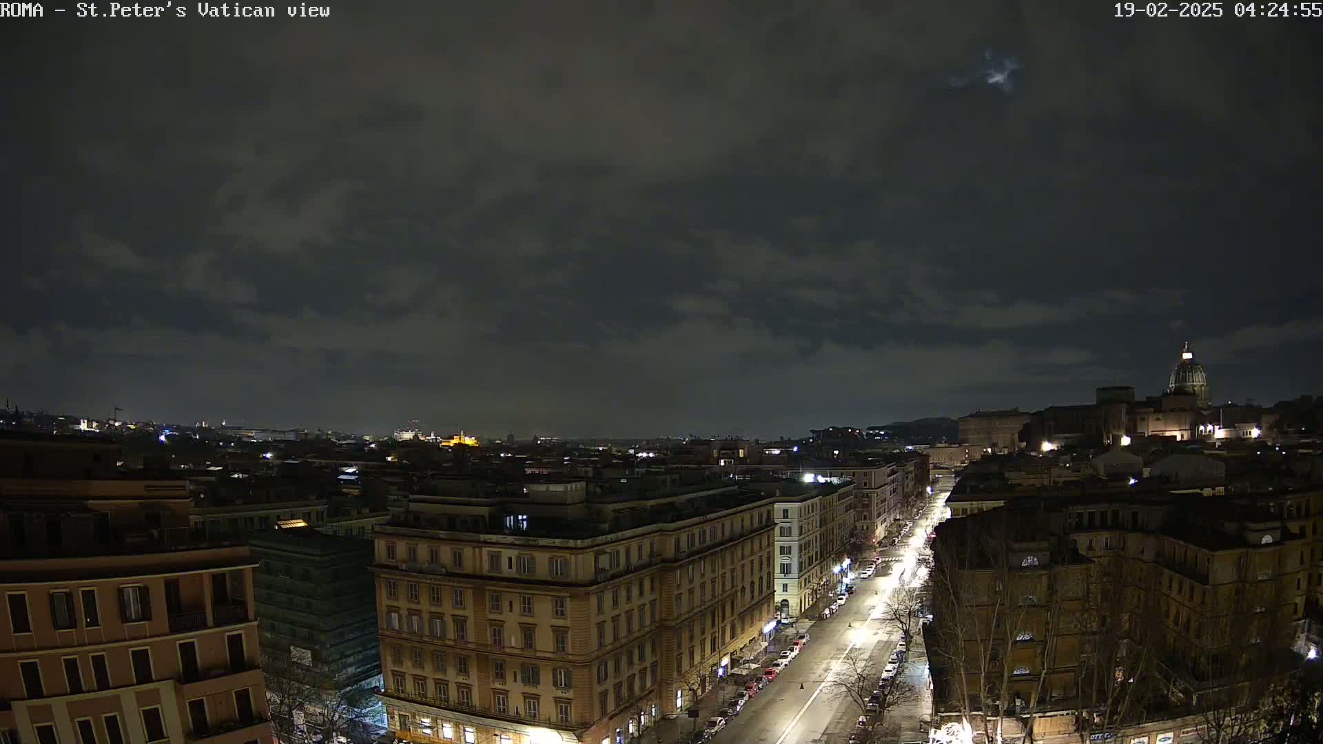 A nighttime view of a city, under a mostly cloudy sky, shows a long street lined with buildings leading towards a domed structure in the distance.