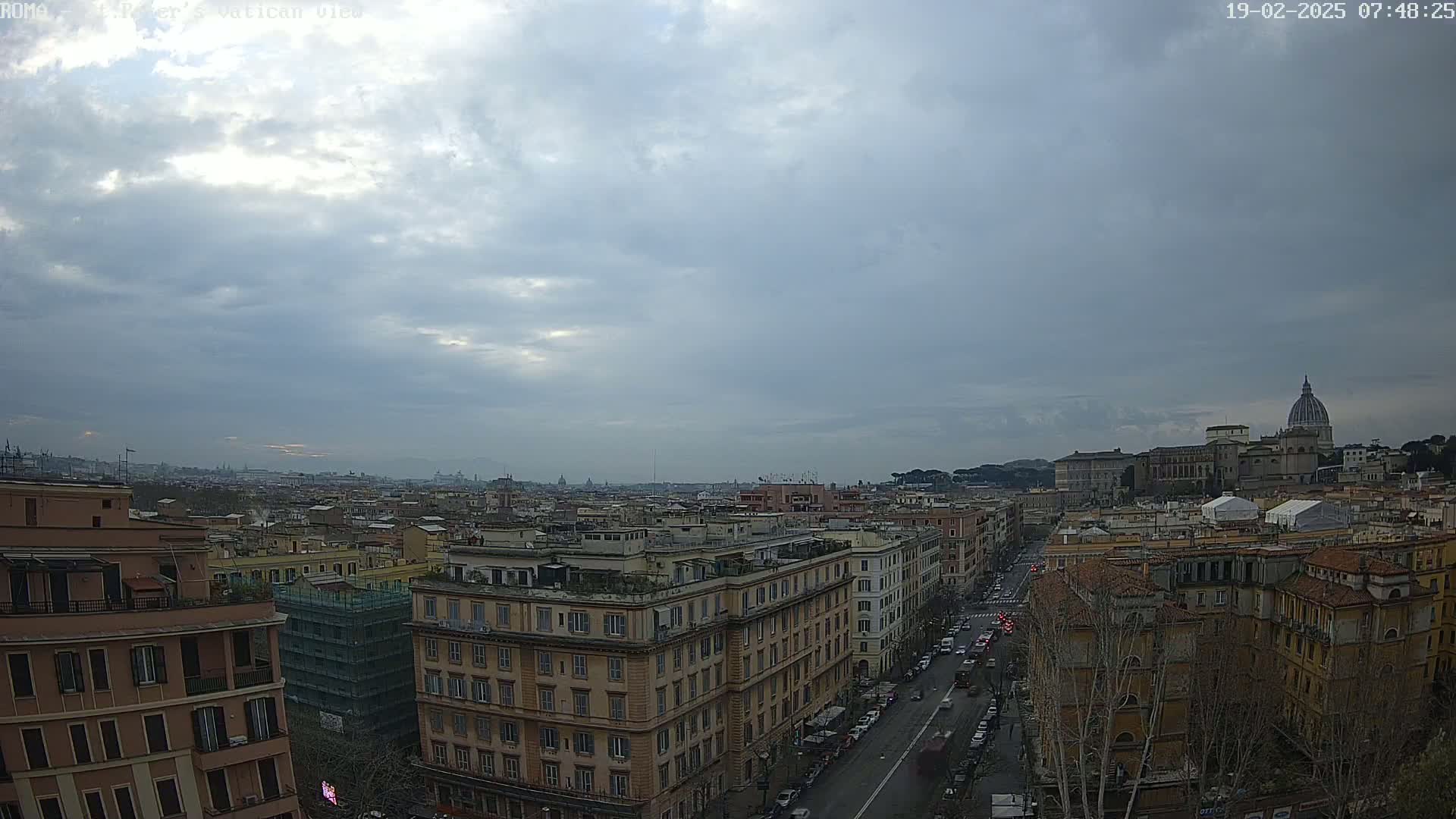 A city skyline with overcast skies shows numerous buildings, a street with traffic, and a large domed structure in the distance.