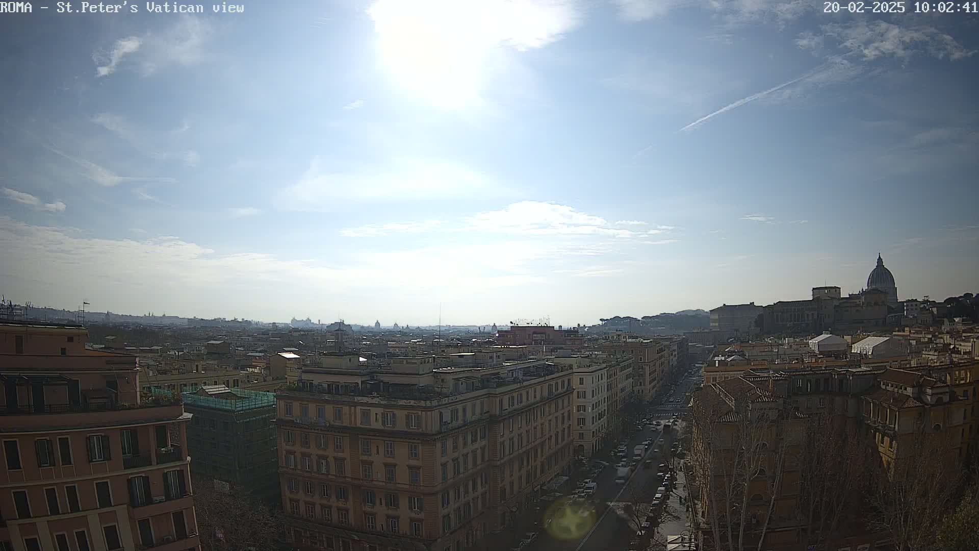 A sunny day reveals a cityscape view of Rome, Italy, with St. Peter's Basilica visible in the distance.