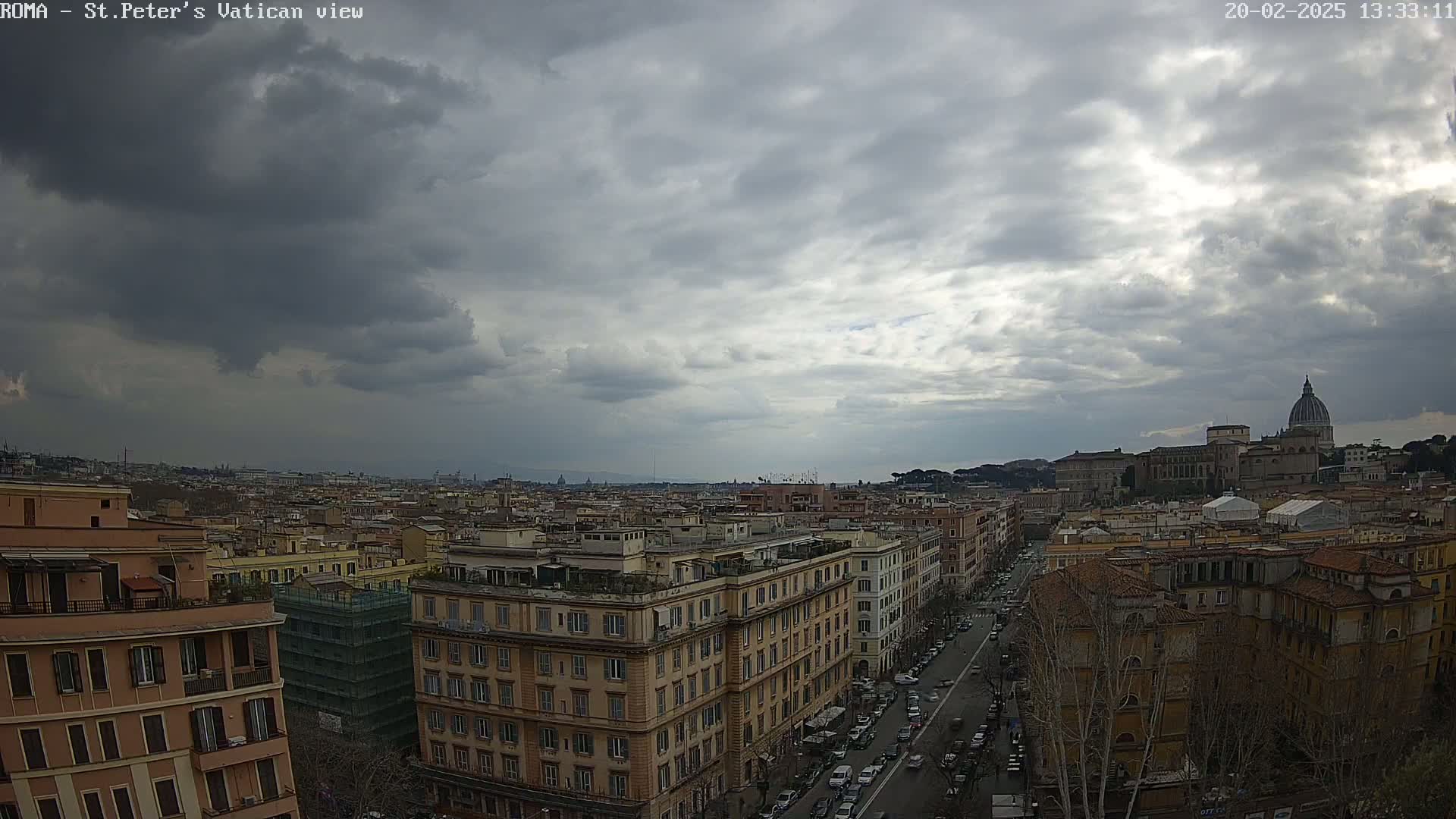 A cityscape view of Rome under a cloudy sky shows a street with traffic leading towards St. Peter's Basilica in the distance.