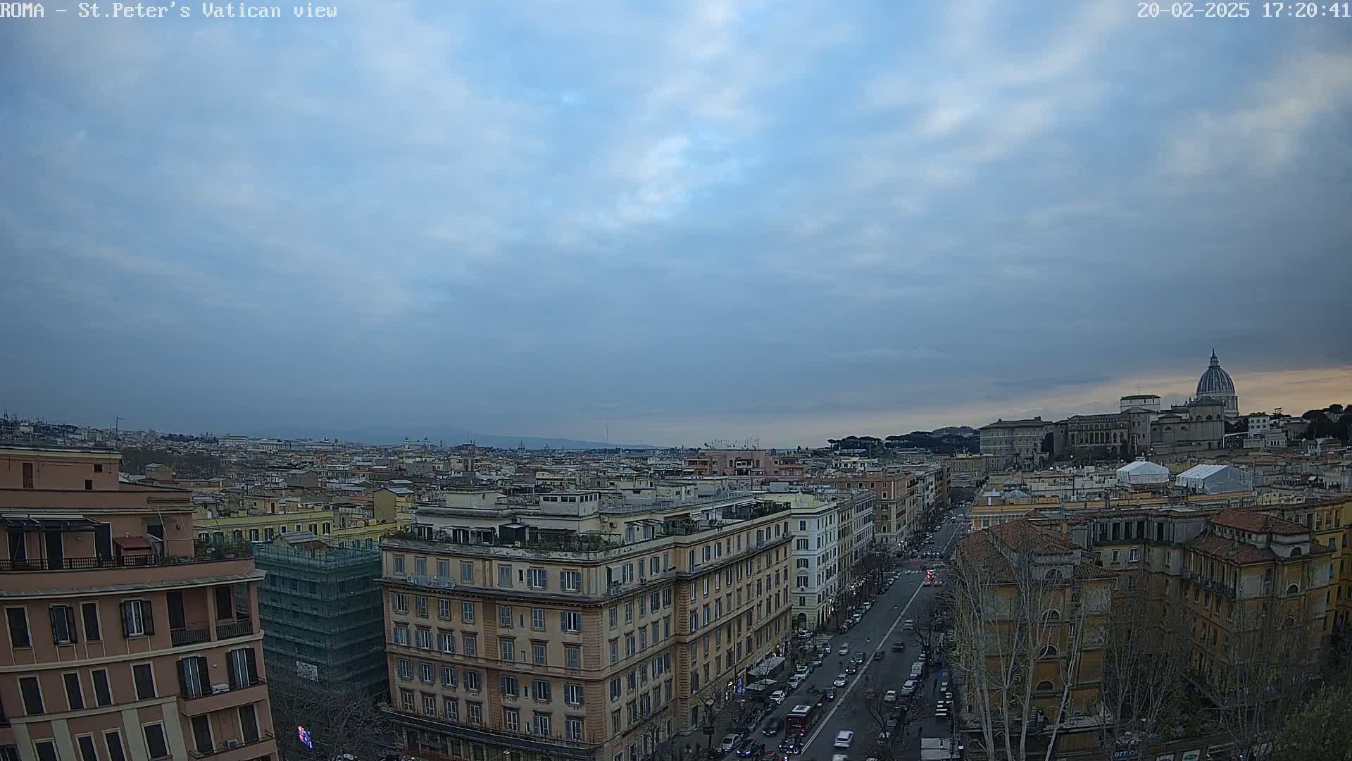 A high-angle view of Rome, Italy, under a mostly cloudy sky shows St. Peter's Basilica in the distance and a city street with cars below.