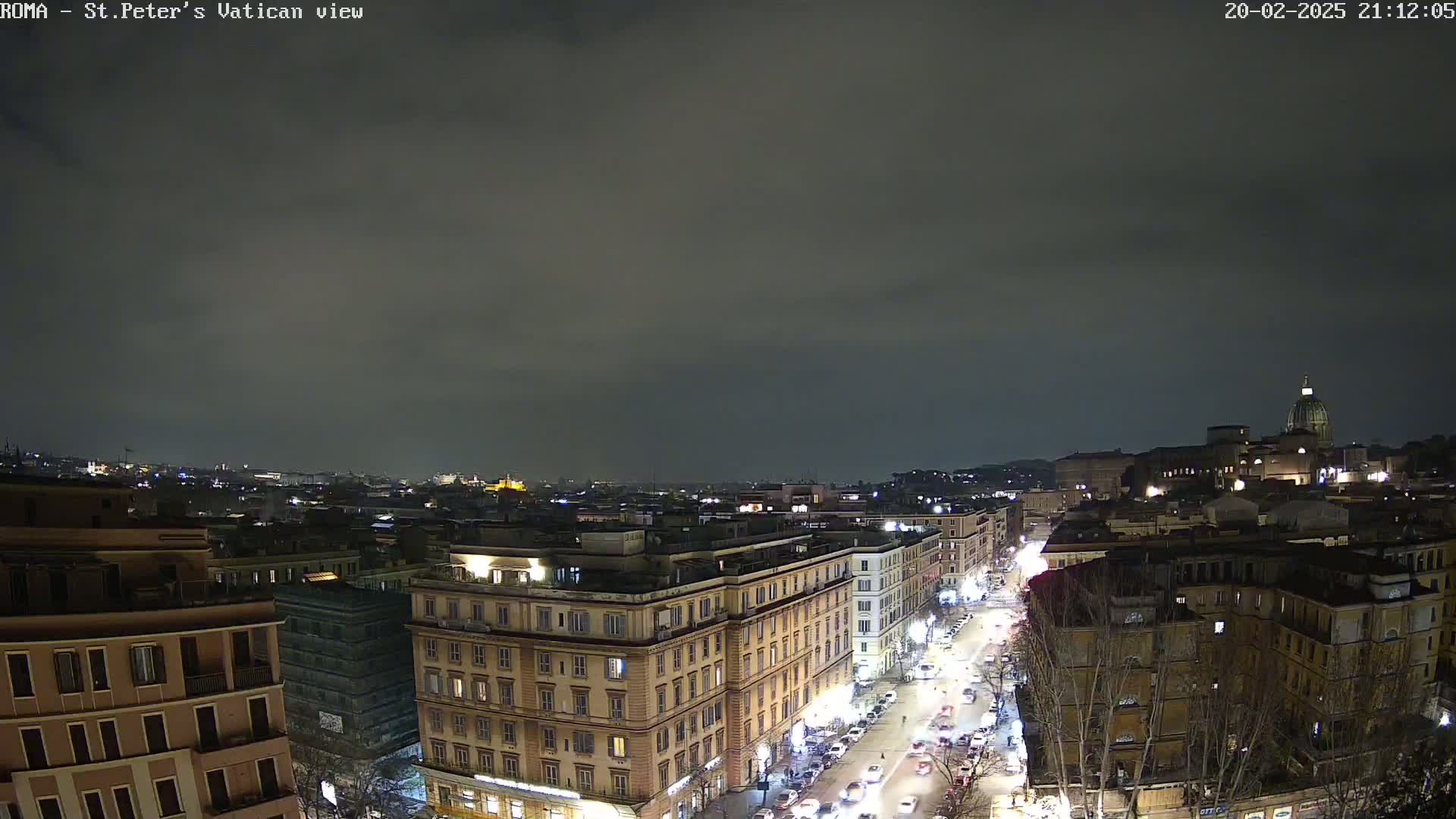 A nighttime, overcast view of a city, showing a cityscape of buildings and streets with illuminated vehicles, and a dome-shaped structure in the distance.