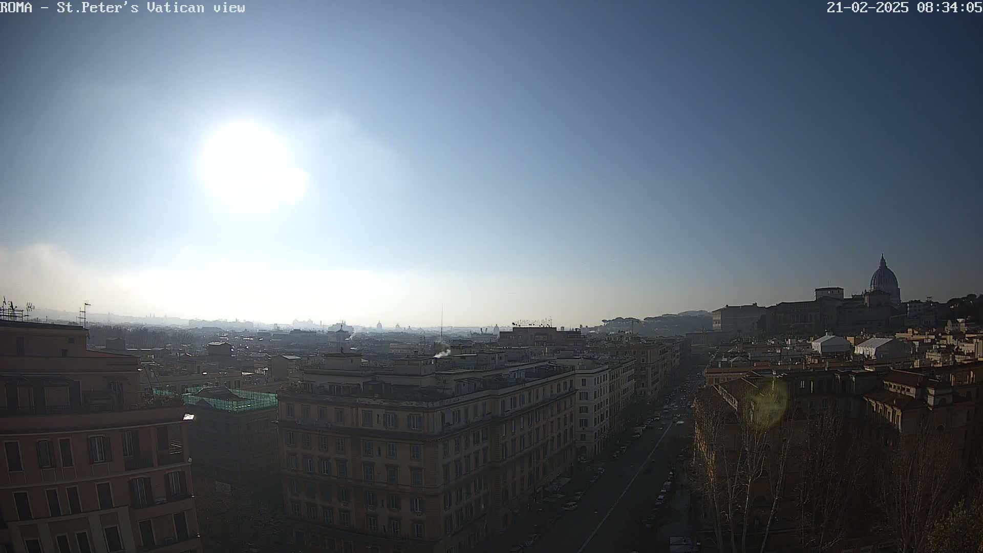 A hazy, sunny day reveals a cityscape with buildings and the dome of St. Peter's Basilica in the distance.