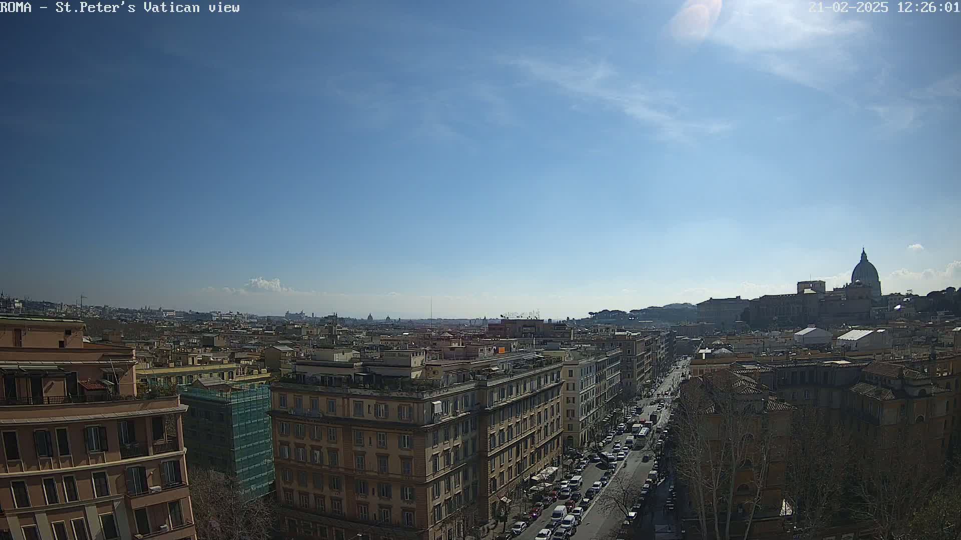 A panoramic view of Rome on a clear, sunny day shows a cityscape with buildings lining a street, leading to the dome of St. Peter's Basilica in the distance.