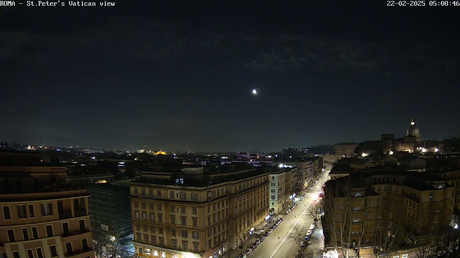 A nighttime, high-angle view of a city street with buildings on either side, extending towards a distant cityscape under a partly cloudy sky with a bright moon visible.