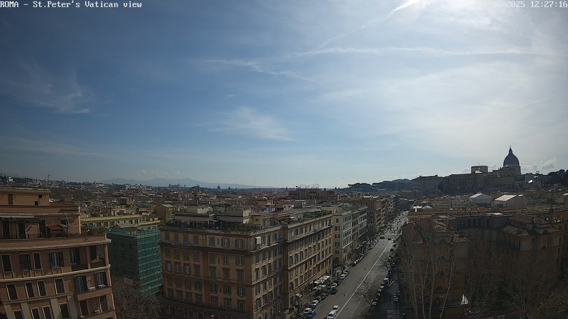 A sunny day reveals a panoramic view of Rome, showcasing a cityscape with St. Peter's Basilica in the distance.