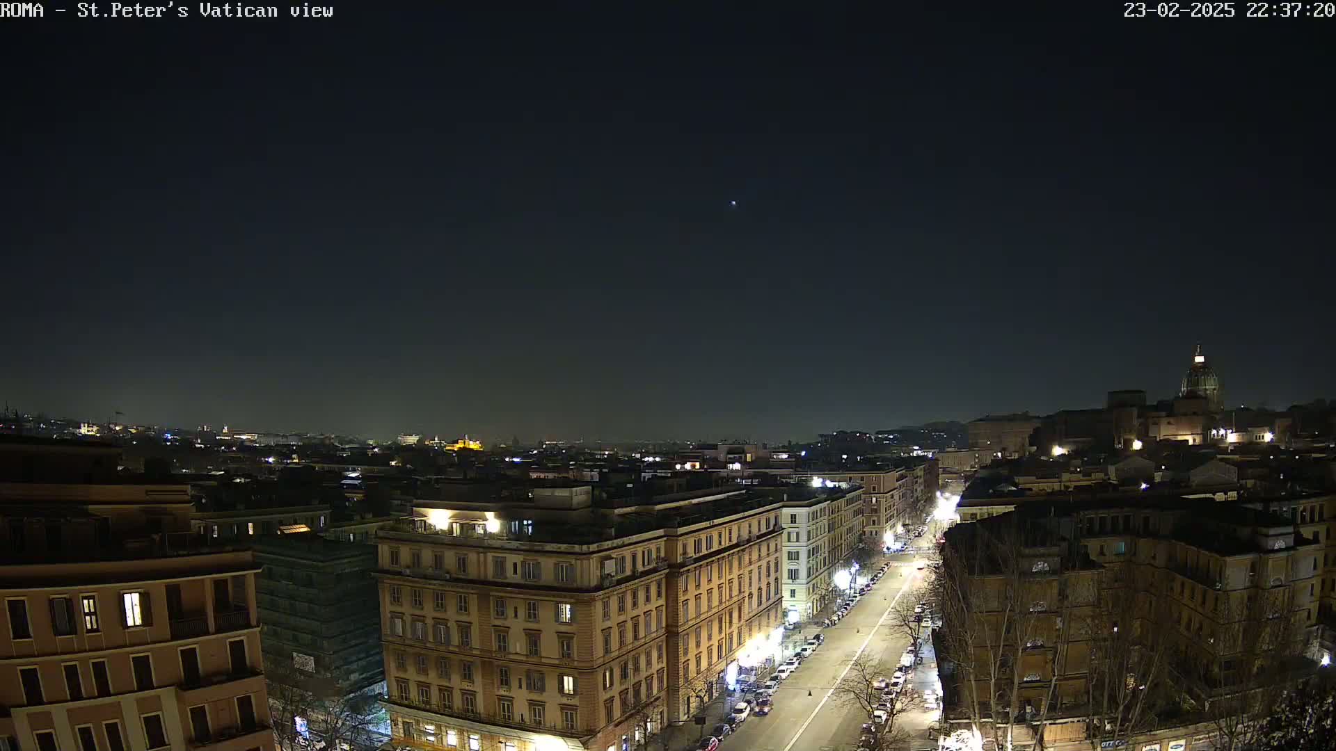 A nighttime, aerial view of a city street lined with buildings, with a clear sky and a single, distant star visible.