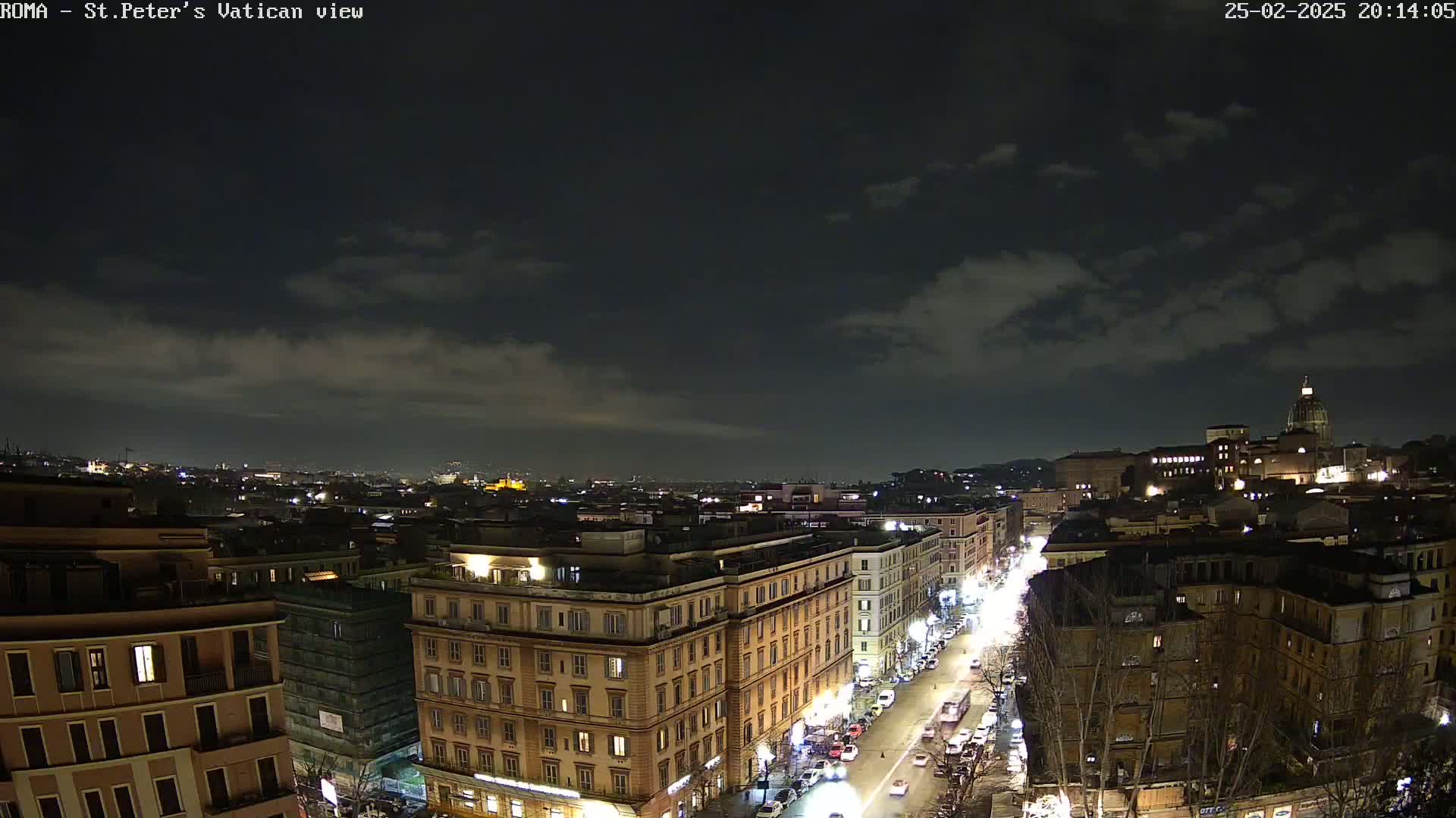 A nighttime aerial view of a city, possibly Rome, shows a street lined with buildings under a partly cloudy sky.