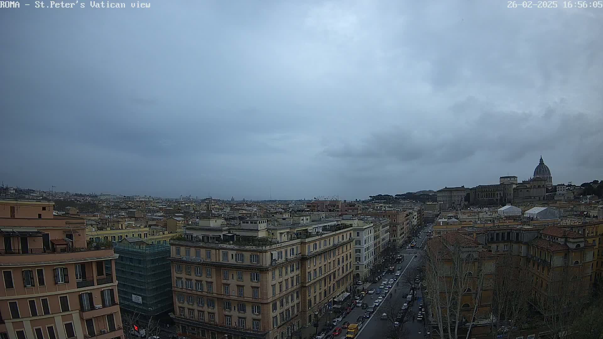 A view of Rome under an overcast sky shows a cityscape with St. Peter's Basilica in the distance.