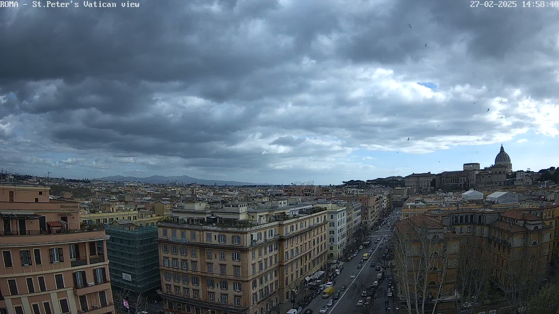A panoramic view of Rome, under a cloudy sky, shows a cityscape stretching towards St. Peter's Basilica in the distance.