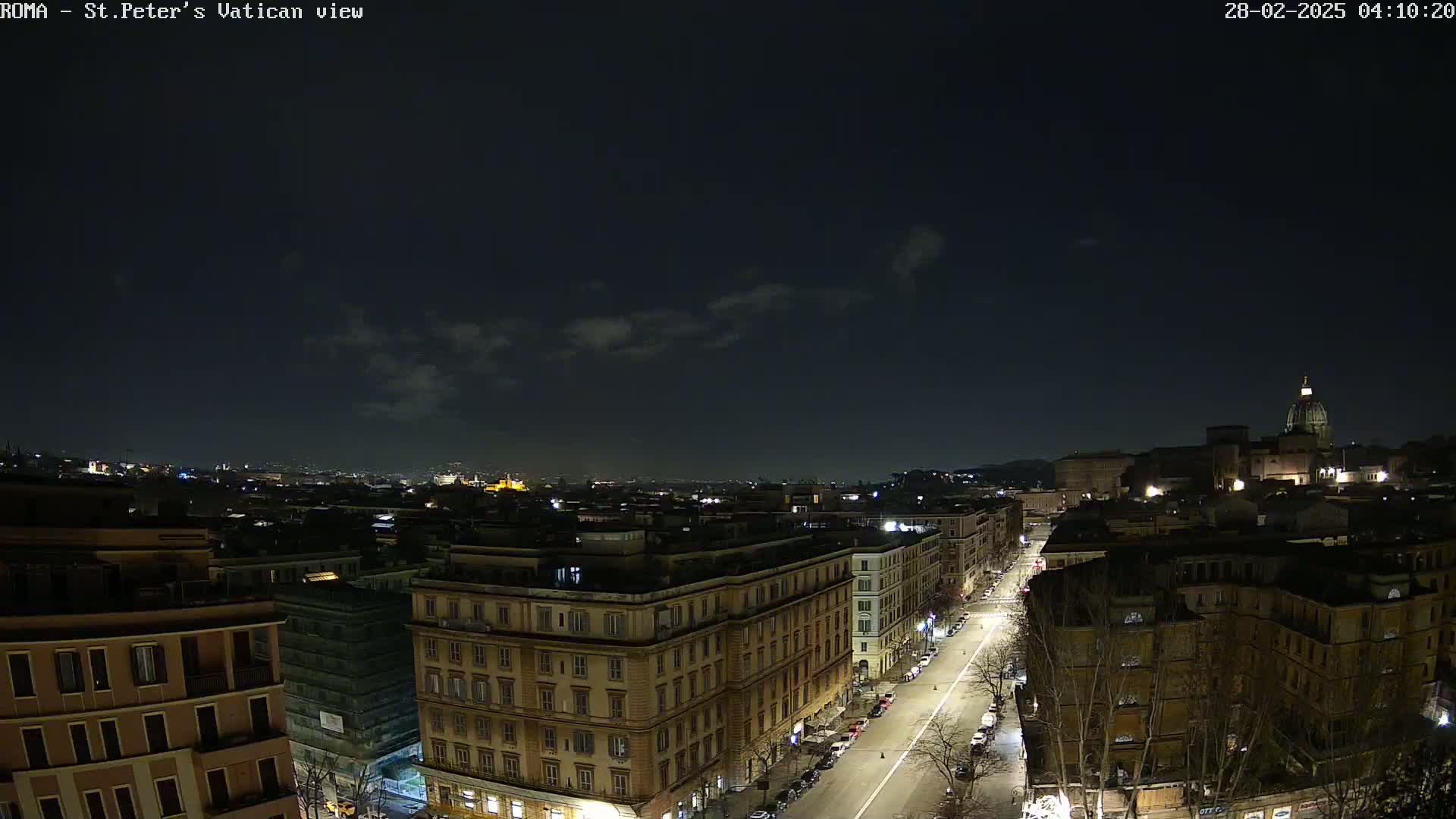 A nighttime aerial view of a city, possibly Rome, shows a mostly clear sky with a few clouds, and illuminated buildings lining a street, with a large dome-shaped structure visible in the distance.