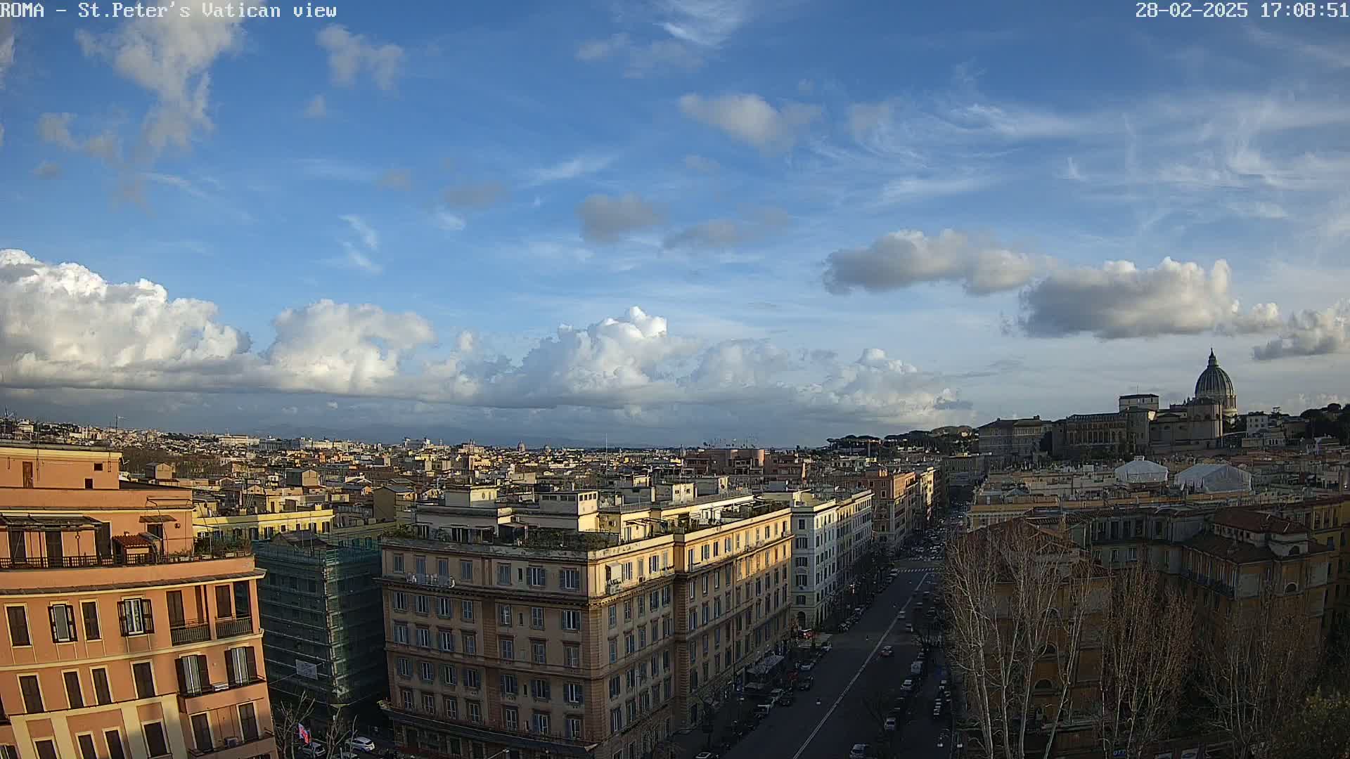 A partly cloudy sky overlooks a cityscape of multi-story buildings, with St. Peter's Basilica visible in the distance.