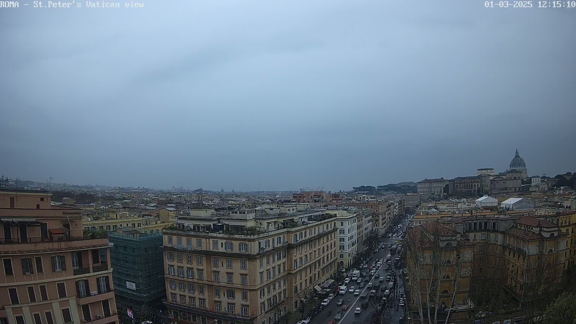 A cityscape view of Rome on an overcast day shows a street with traffic leading towards St. Peter's Basilica in the distance.