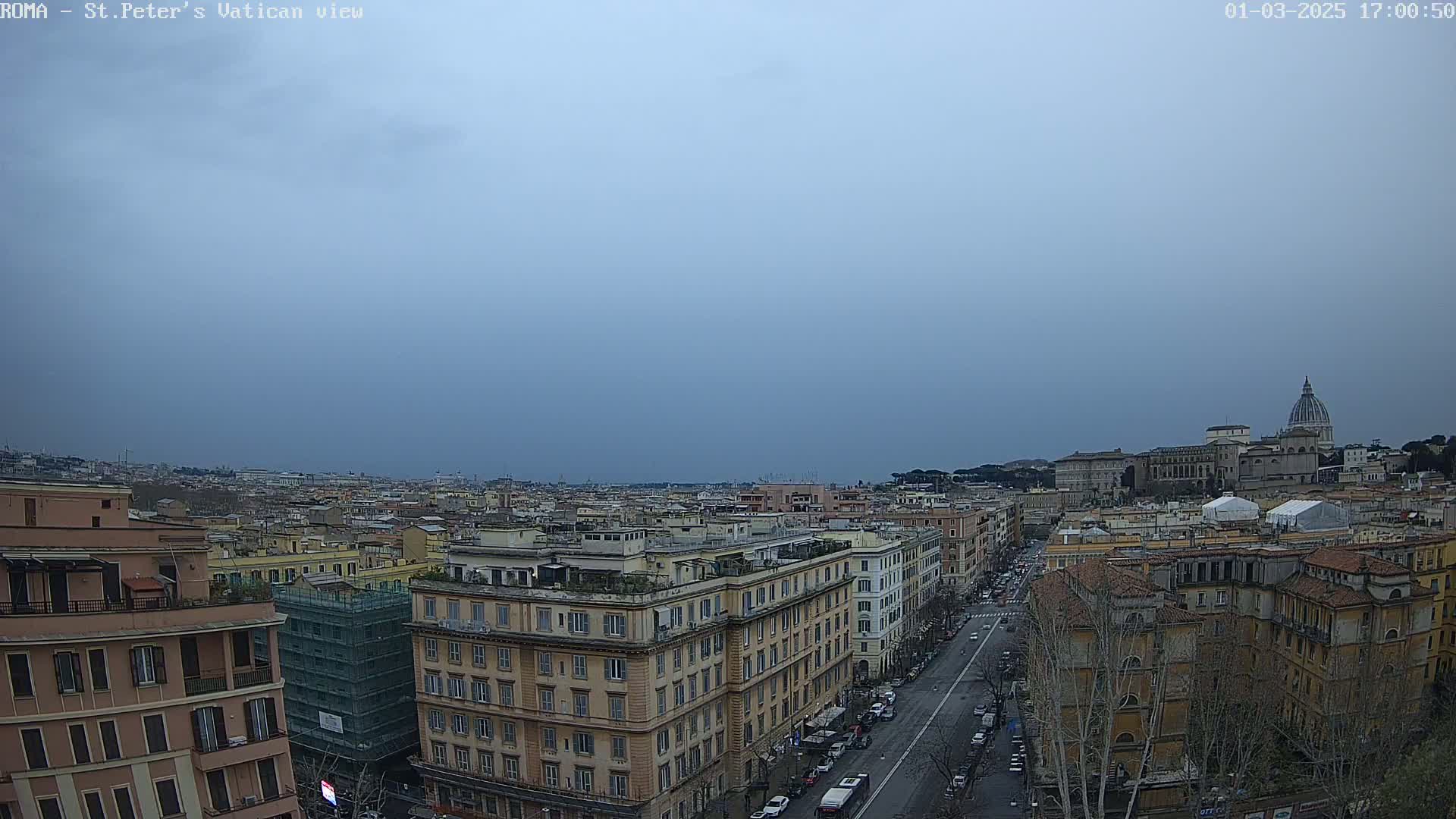 A panoramic view of Rome under an overcast sky shows a cityscape with buildings and a street, culminating in the dome of St. Peter's Basilica in the distance.