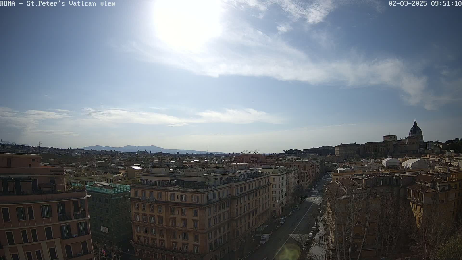 A sunny day with partly cloudy skies reveals a cityscape view of Rome, including St. Peter's Basilica in the distance.