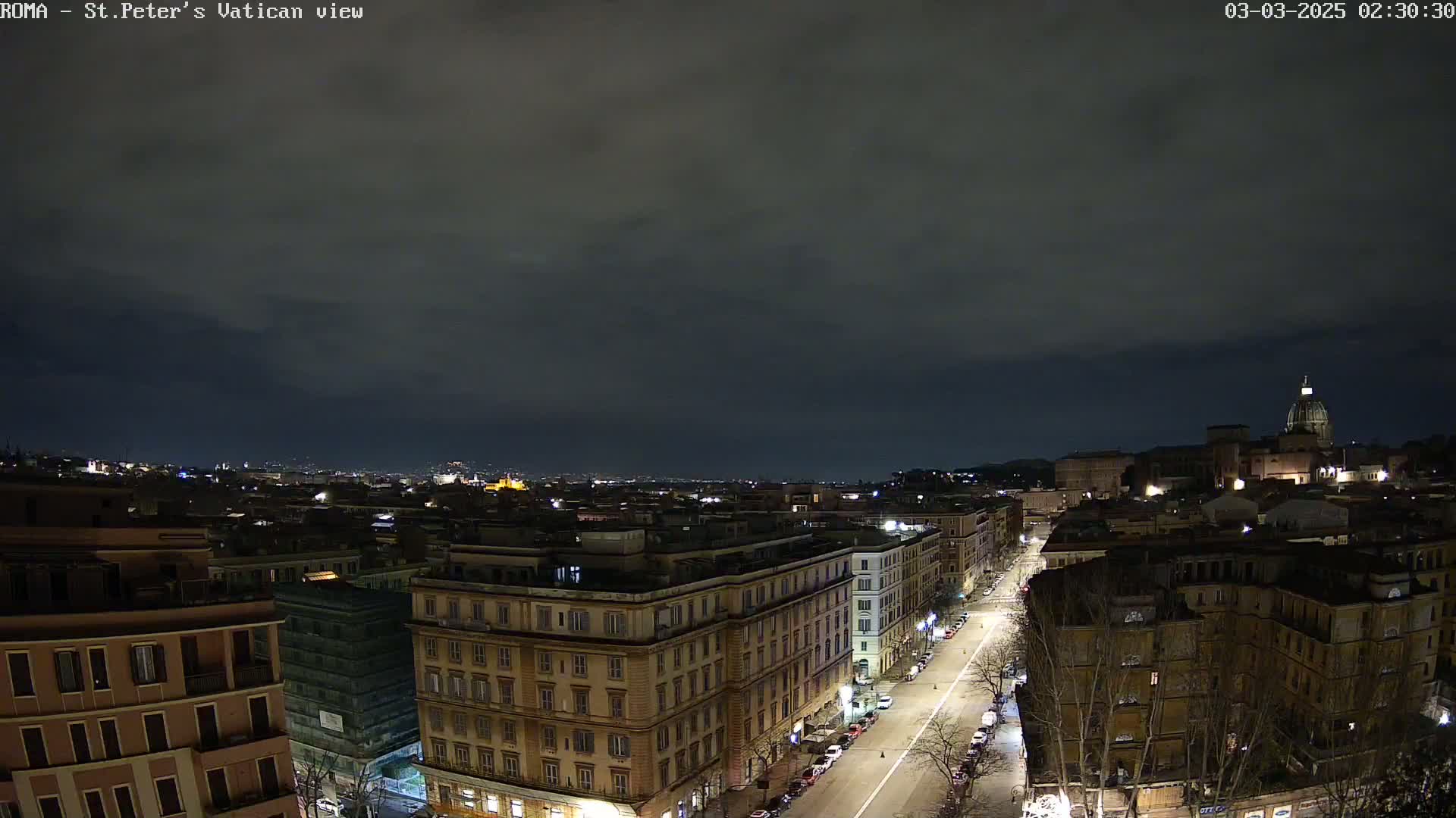 A nighttime, overcast view of a city, showing a long street lined with buildings, with a large dome-shaped structure visible in the distance.