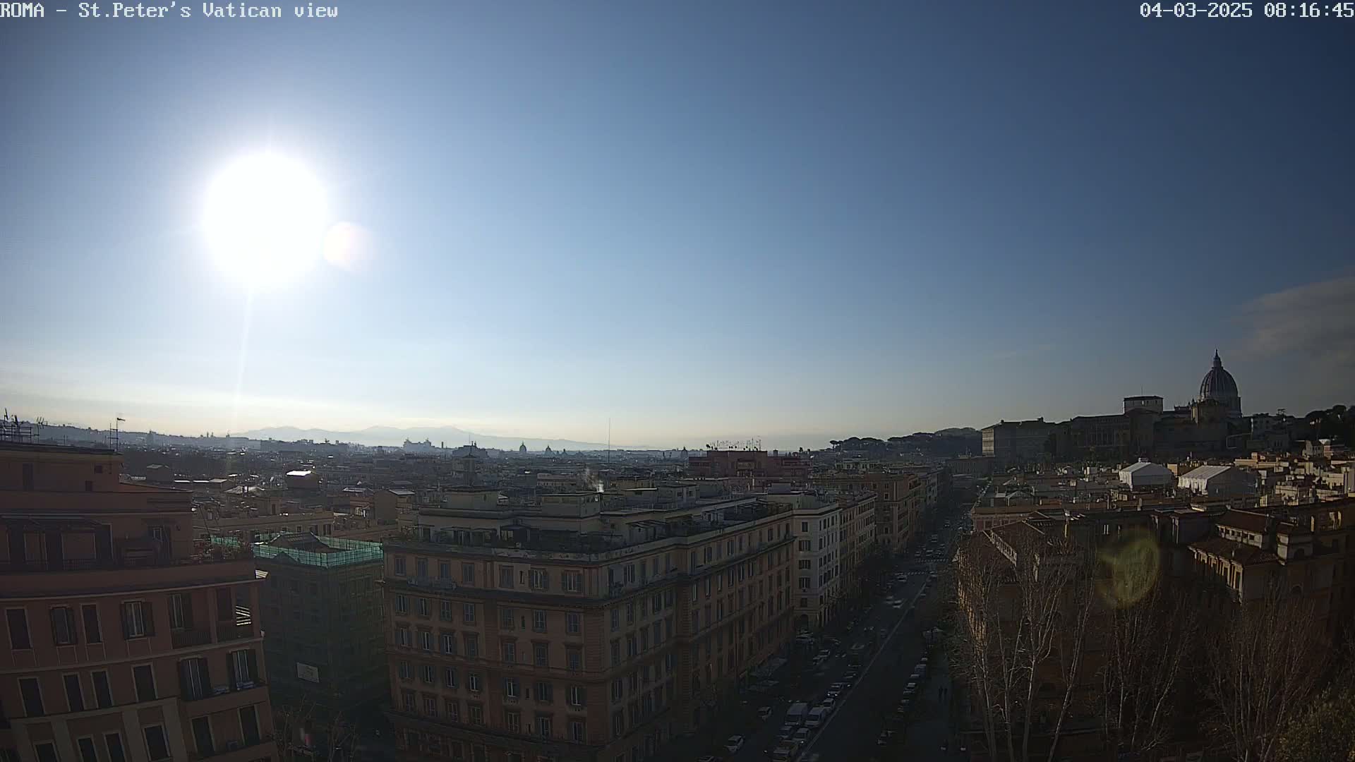 A sunny, clear day reveals a panoramic view of Rome, showcasing the cityscape, including St. Peter's Basilica in the distance.