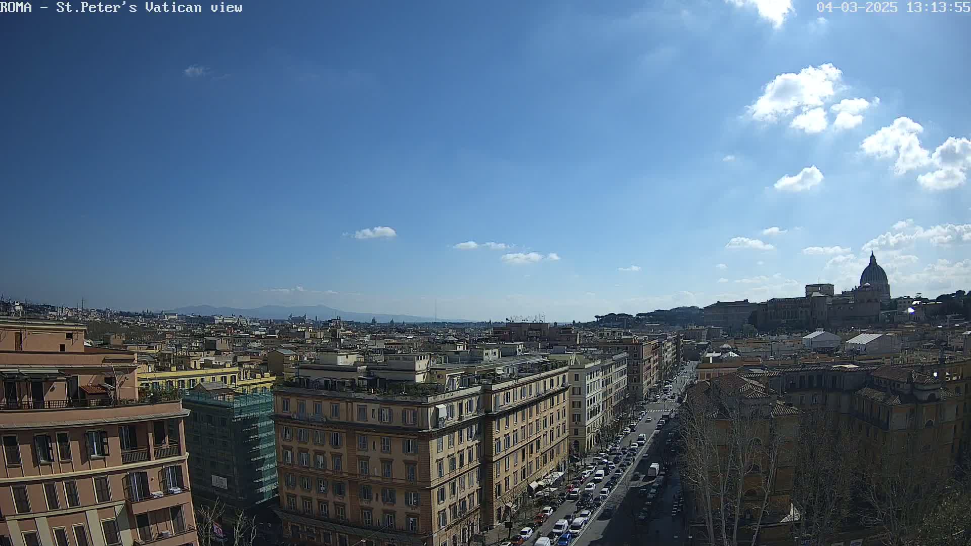 A sunny day in Rome reveals a cityscape with St. Peter's Basilica in the distance, and numerous buildings lining a busy street below.