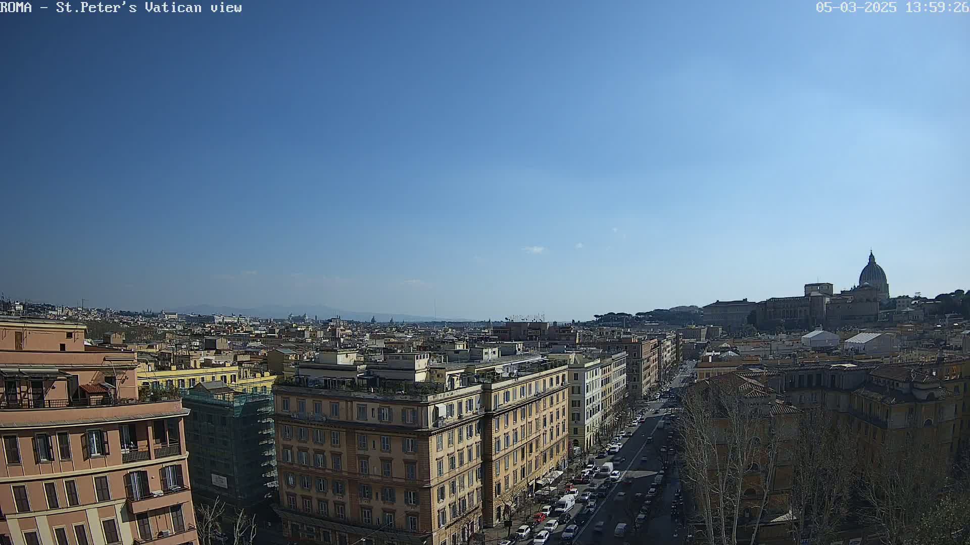 A sunny cityscape view shows a wide street with cars, buildings lining the street, and St. Peter's Basilica in the distance.