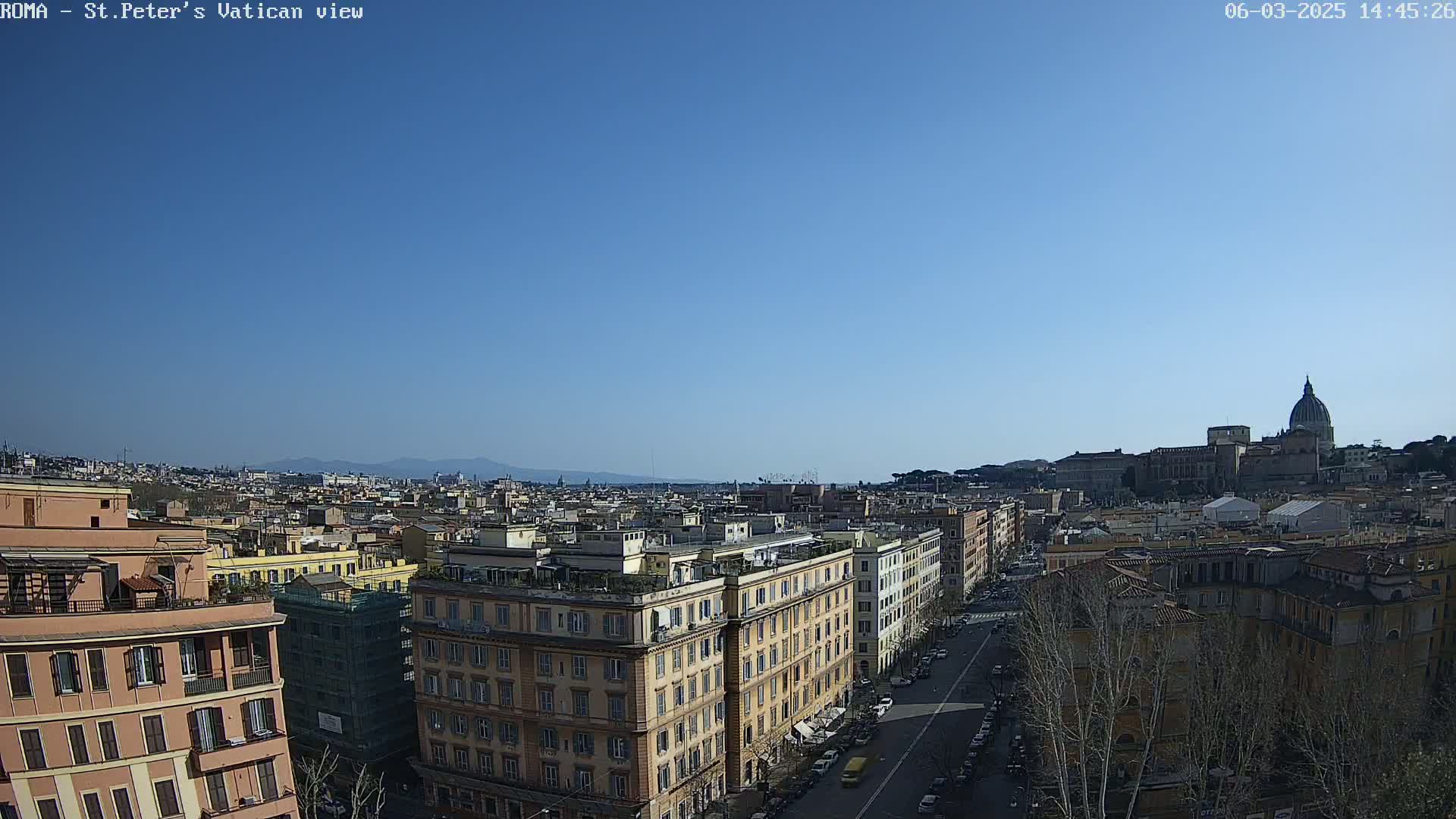 A clear, sunny day reveals a panoramic view of Rome's cityscape, showcasing numerous buildings, a bustling street, and St. Peter's Basilica in the distance.