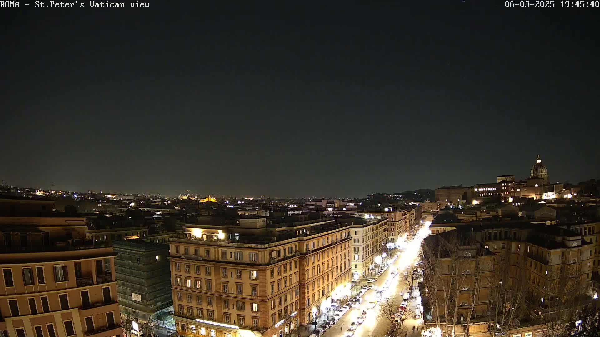 A nighttime view of a city street illuminated by streetlights, with buildings and the dome of a large structure visible in the distance under a clear, dark sky.