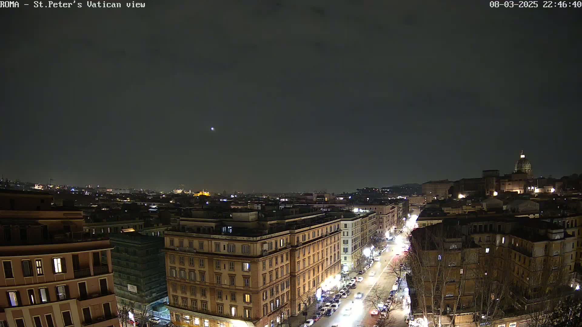 A nighttime, aerial view of a city street lined with buildings, illuminated by streetlights, with a distant view of a domed structure under a clear, dark sky.