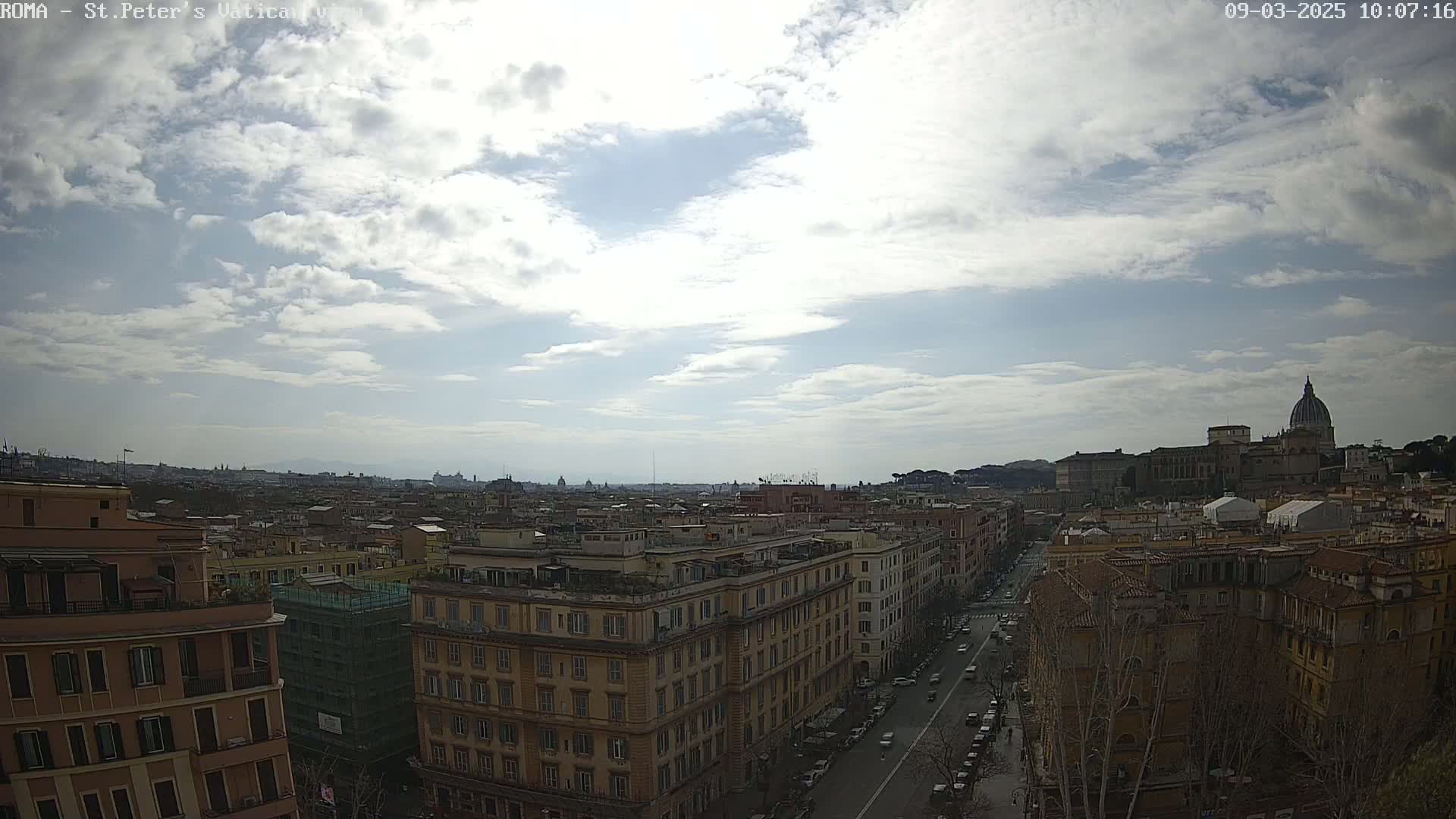 A partly cloudy sky overlooks a cityscape of Rome, Italy, with St. Peter's Basilica visible in the distance.