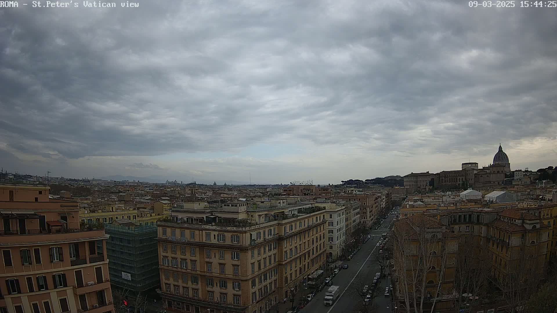 A wide shot of a city under a cloudy sky shows a street lined with buildings, culminating in a view of St. Peter's Basilica in the distance.