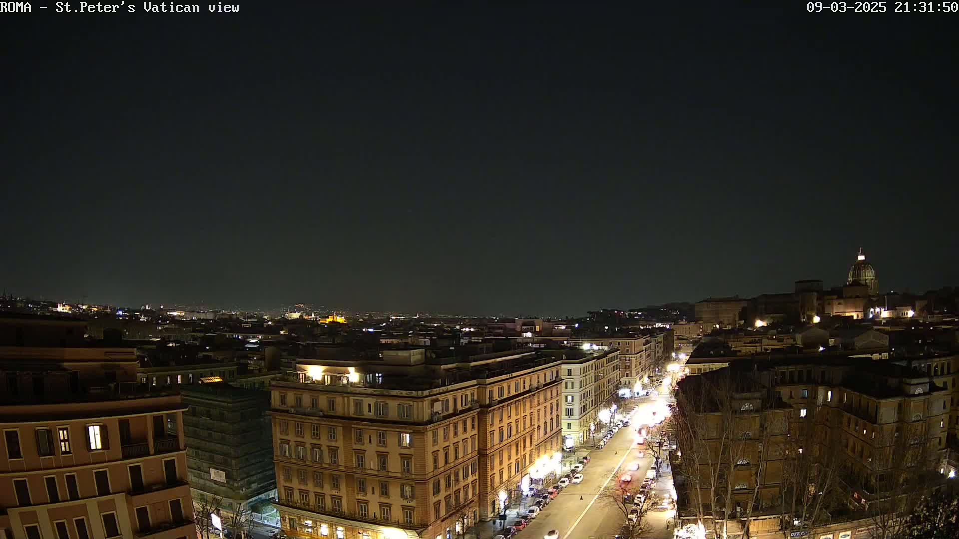 A nighttime, long shot of a city street lined with illuminated buildings, extending toward a distant cityscape under a clear, dark sky.
