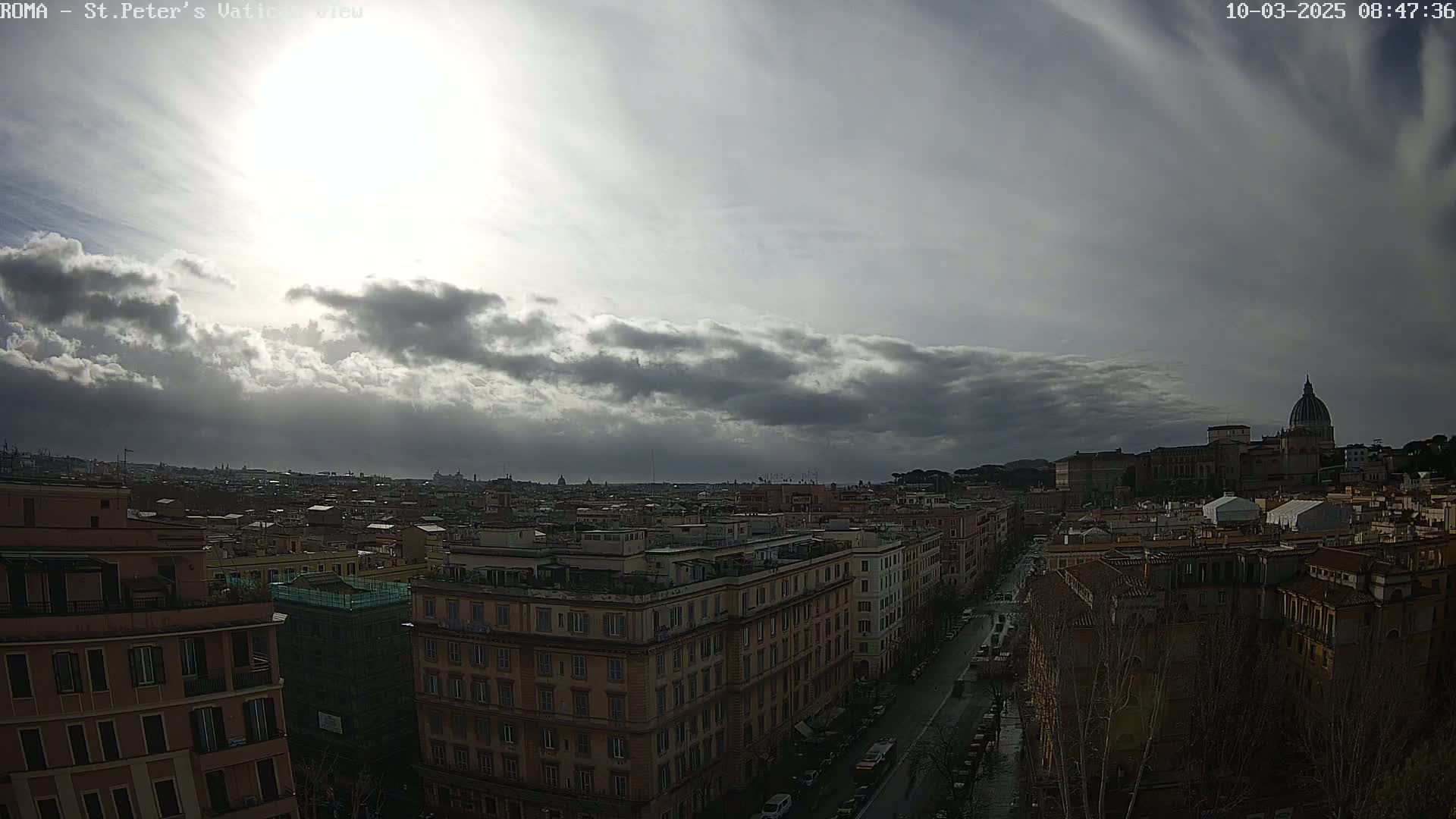 A cloudy, sunlit cityscape view shows a wide expanse of buildings, with St. Peter's Basilica visible in the distance.