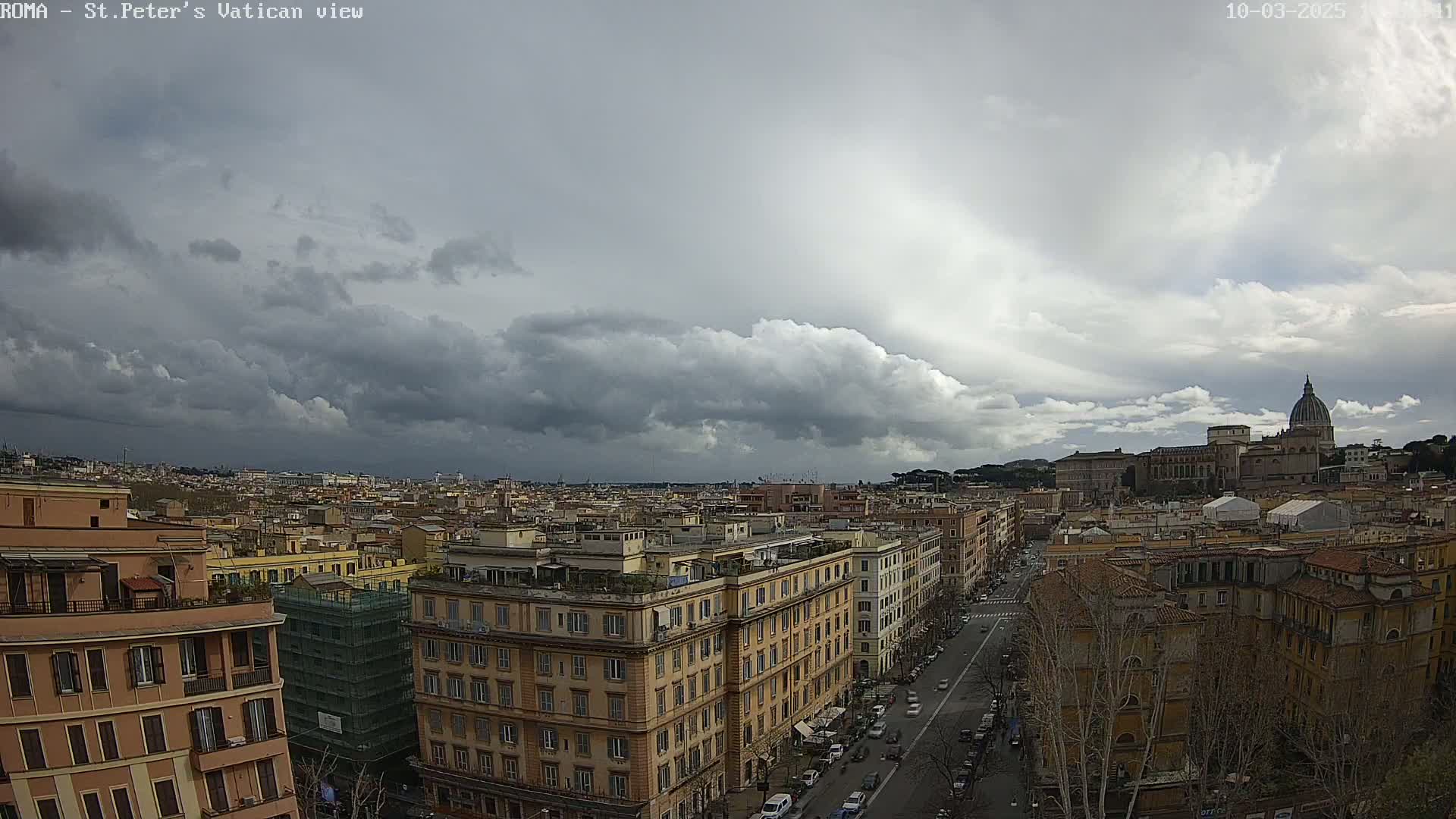 A panoramic view of Rome under a cloudy sky shows St. Peter's Basilica in the distance and numerous buildings extending to the horizon.